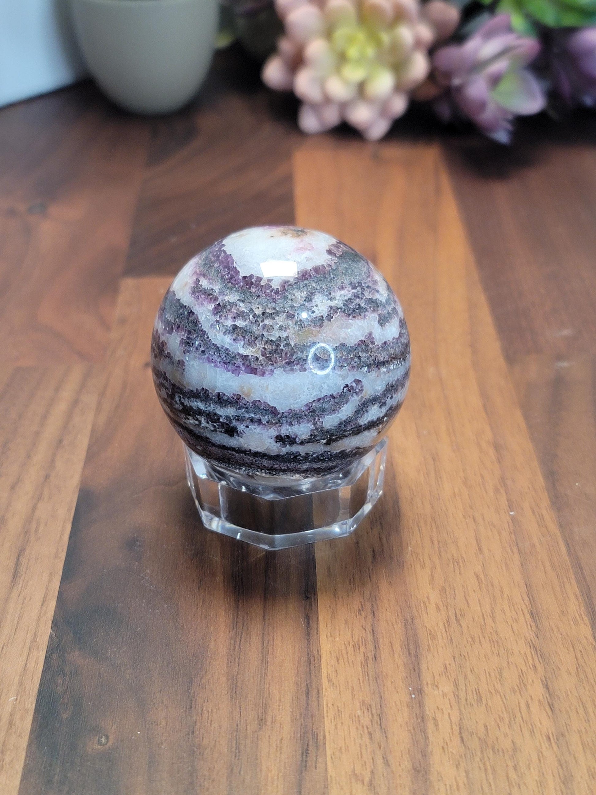 Zebra Fluorite Crystal Sphere | A | 57 MM 2.25 Inches | Pink Purple and White | One of a Kind