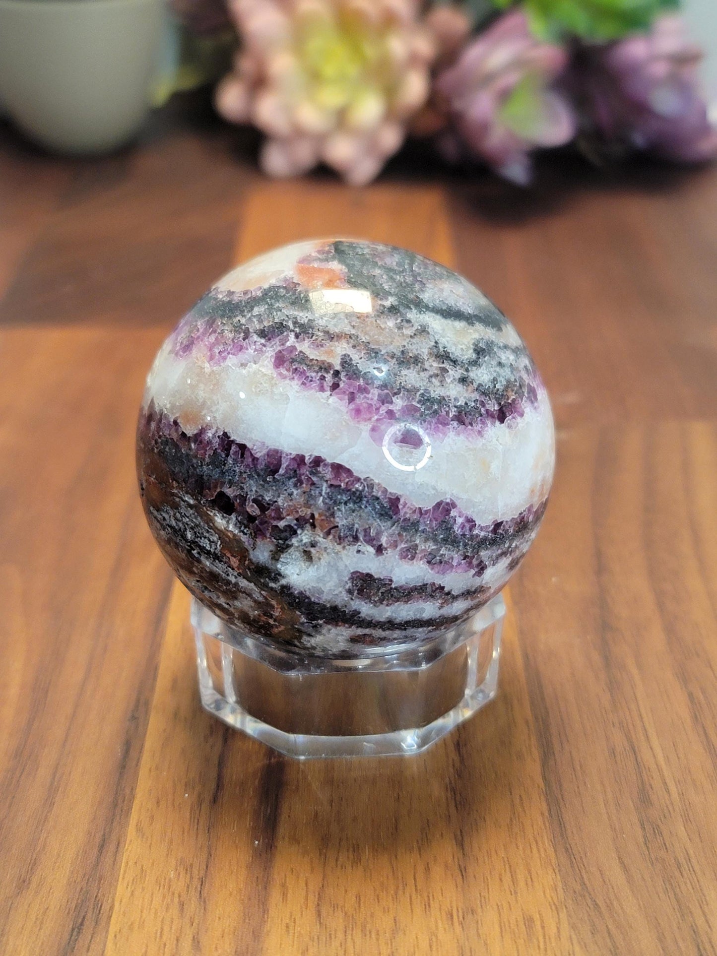 Zebra Fluorite Crystal Sphere | B | 58 MM 2.25 Inches | Pink Purple and White | One of a Kind