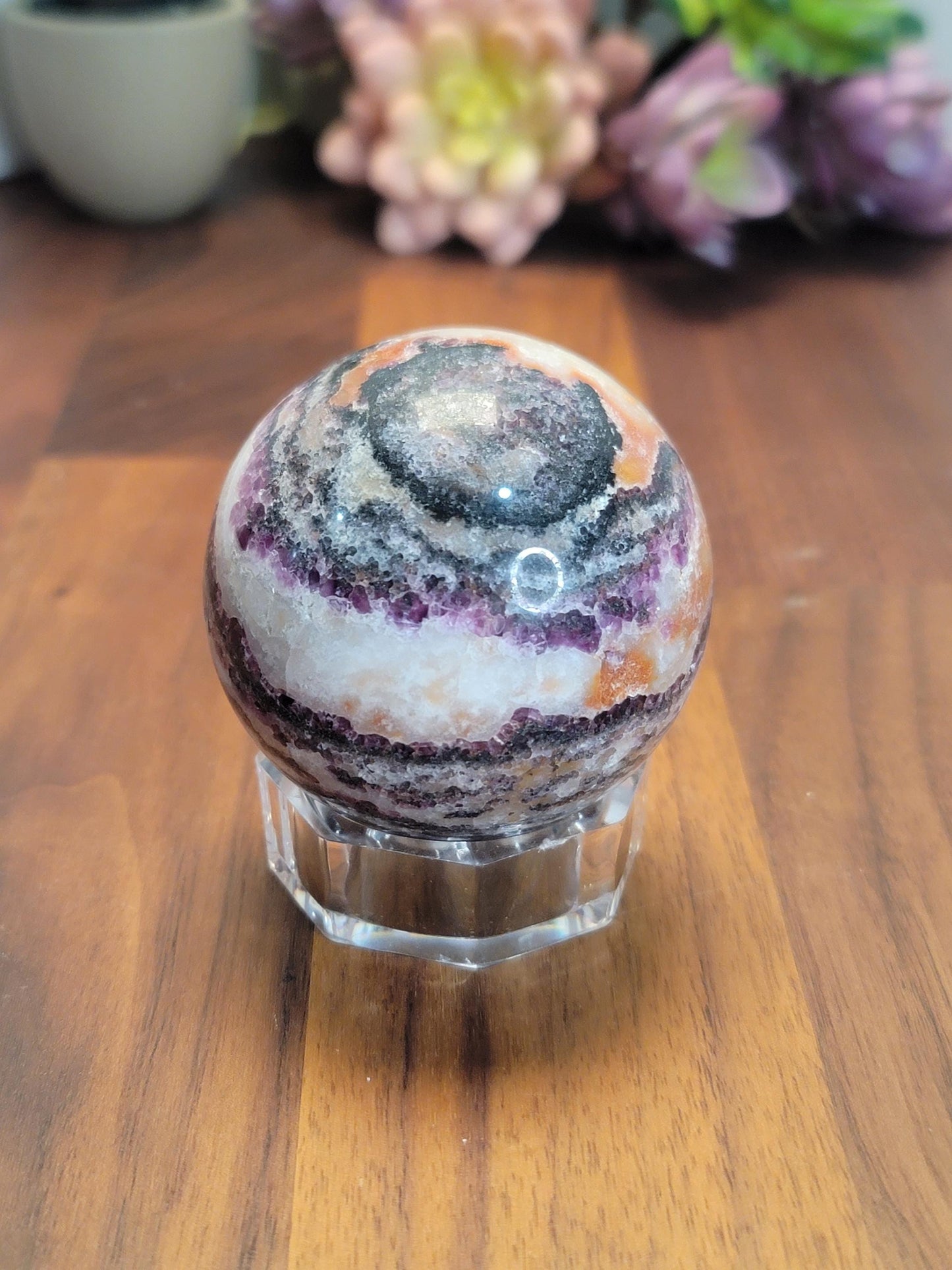 Zebra Fluorite Crystal Sphere | B | 58 MM 2.25 Inches | Pink Purple and White | One of a Kind