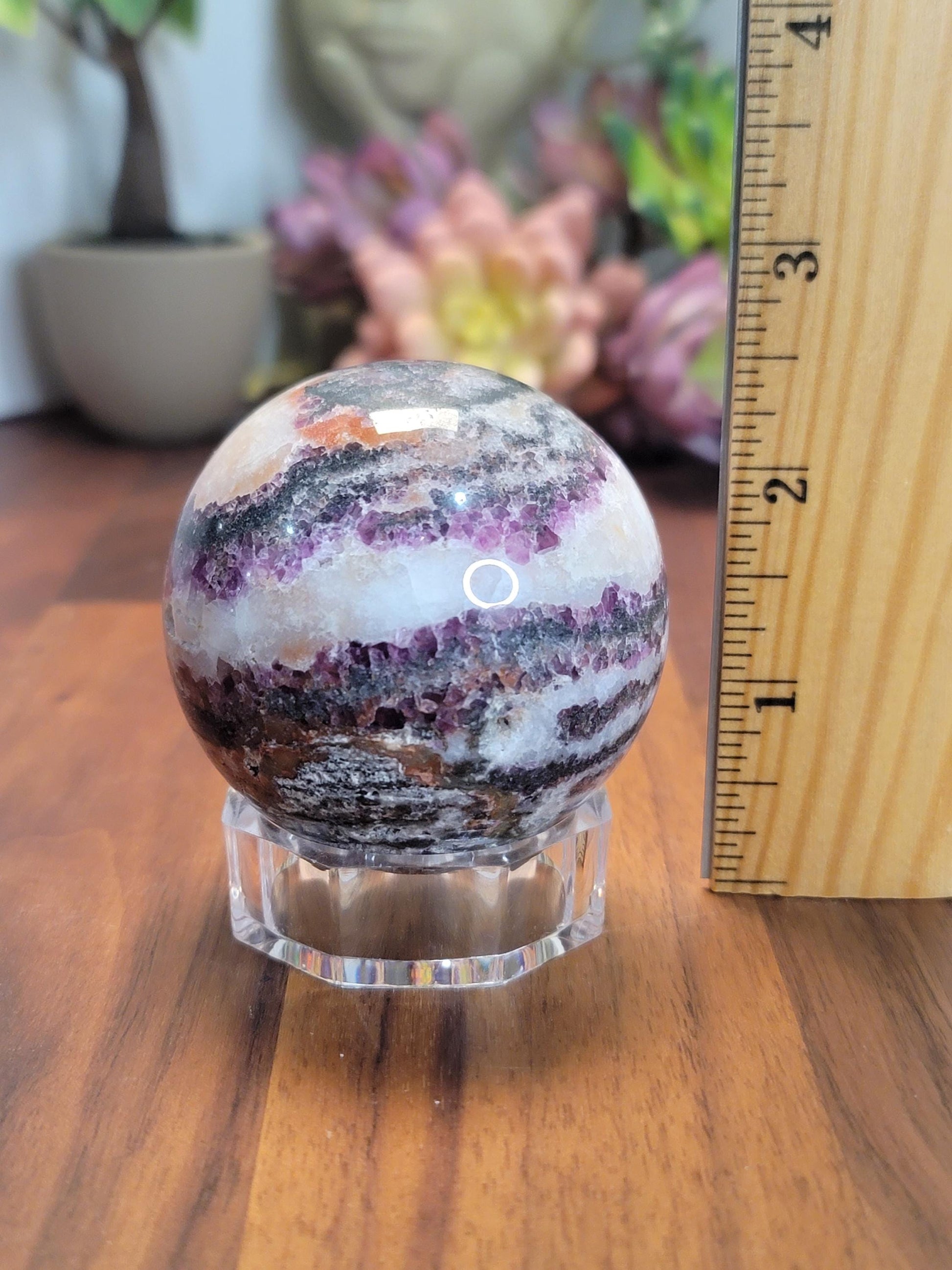 Zebra Fluorite Crystal Sphere | B | 58 MM 2.25 Inches | Pink Purple and White | One of a Kind