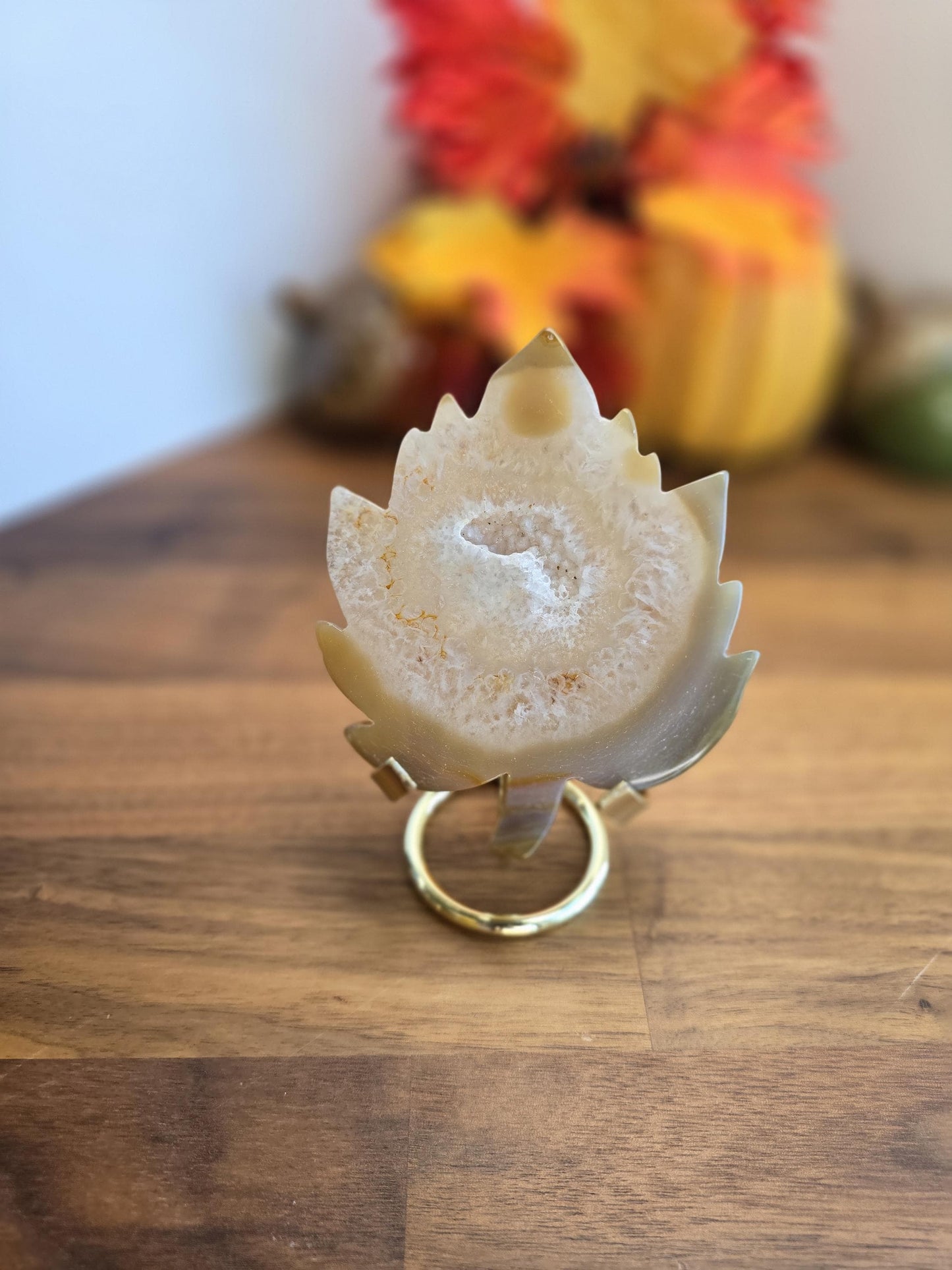 Cream Druzy Agate Leaf Crystal Carving