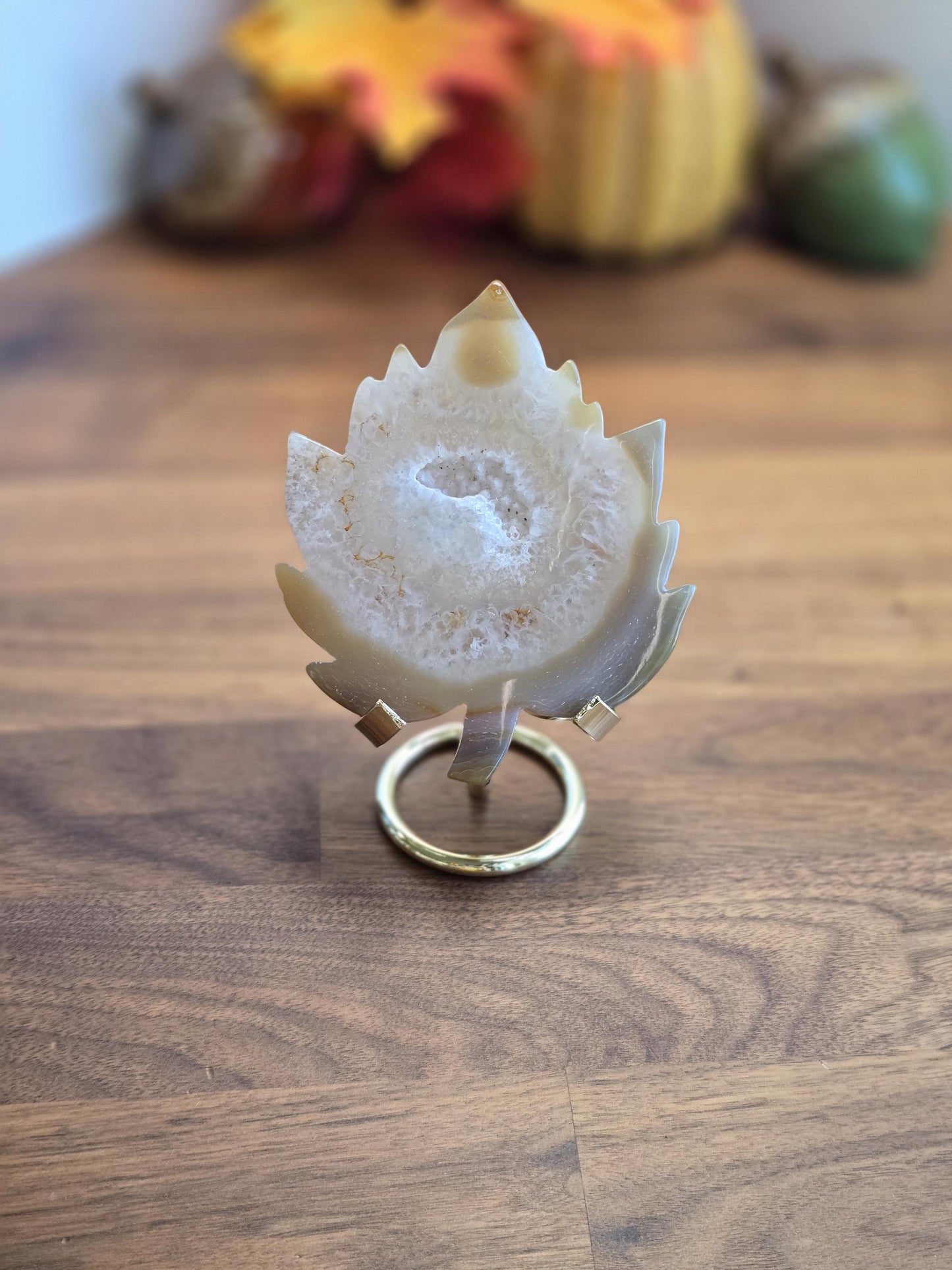 Cream Druzy Agate Leaf Crystal Carving