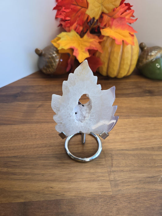 White Druzy Agate Leaf Crystal Carving