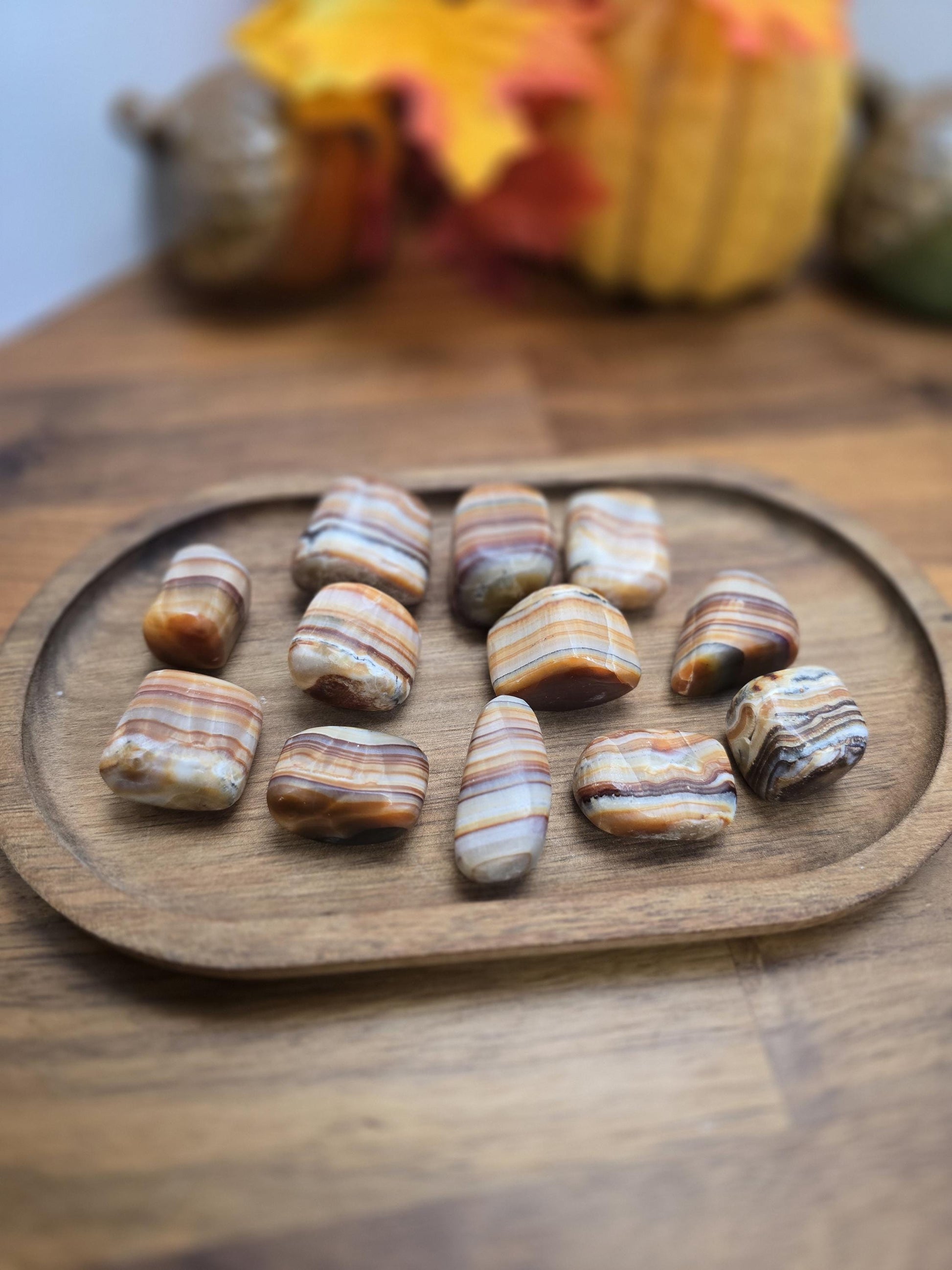 Caramel Brown Aragonite Crystal Tumble | Gorgeous banding in Brown, Red, Cream, Orange and Beige | Like Onyx or Calcite | 70's Mod Vibes!