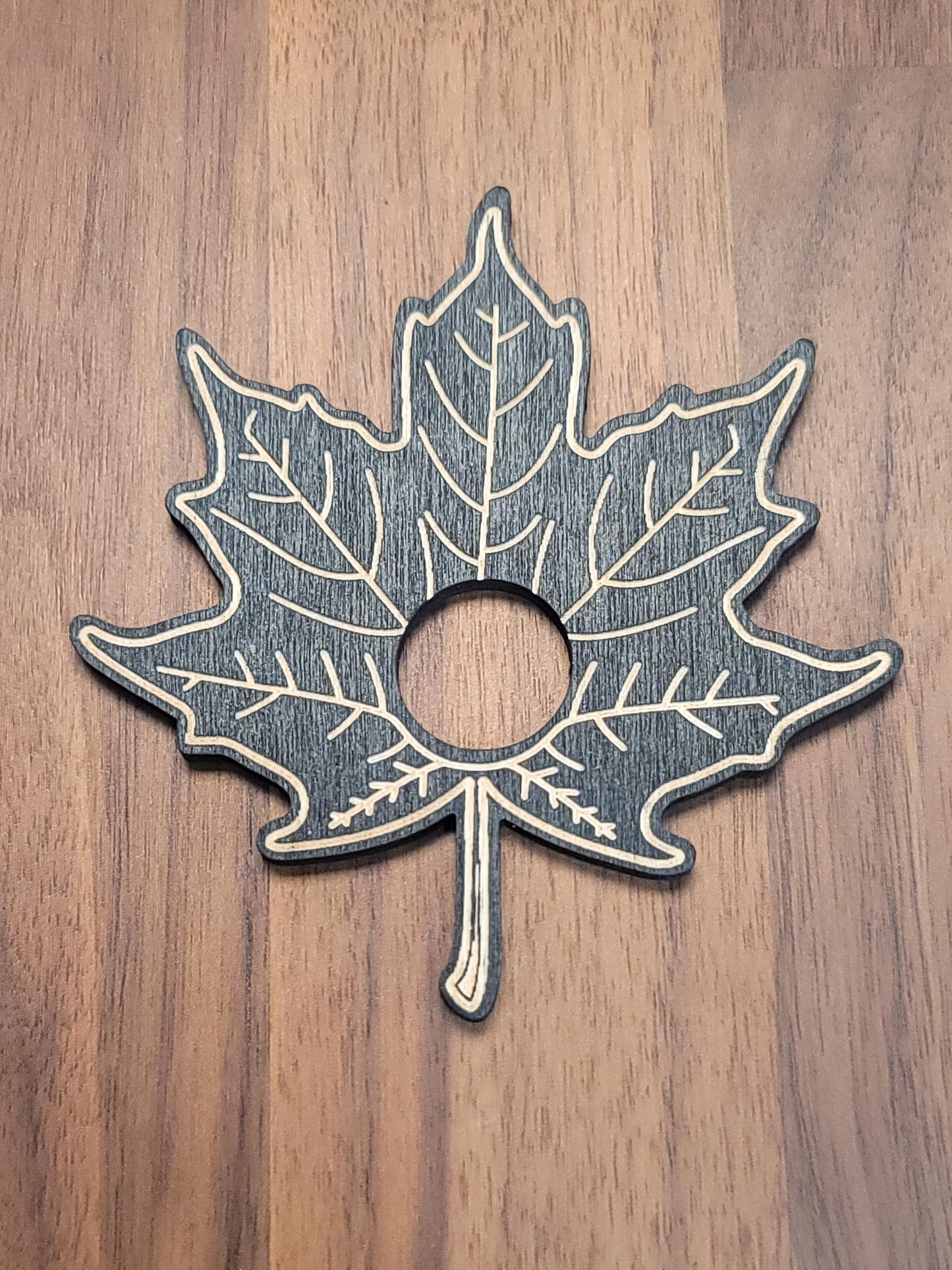 Maple Leaf Crystal Sphere Stand | Black Etched Wood Leaves for Autumn Decor | 4' | Fall Ball Display or Baseball Holder | Intuitively Chosen