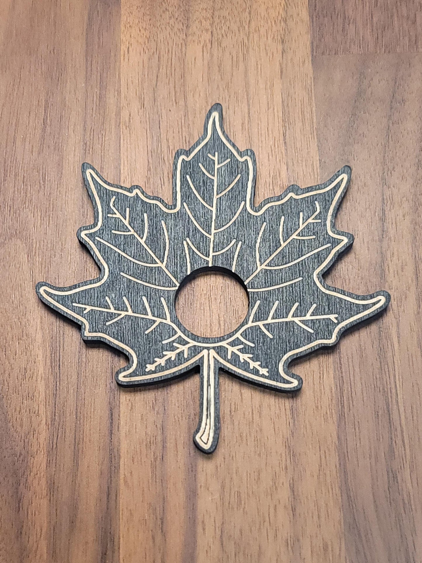 Maple Leaf Crystal Sphere Stand: Black Etched Wood Autumn Decor