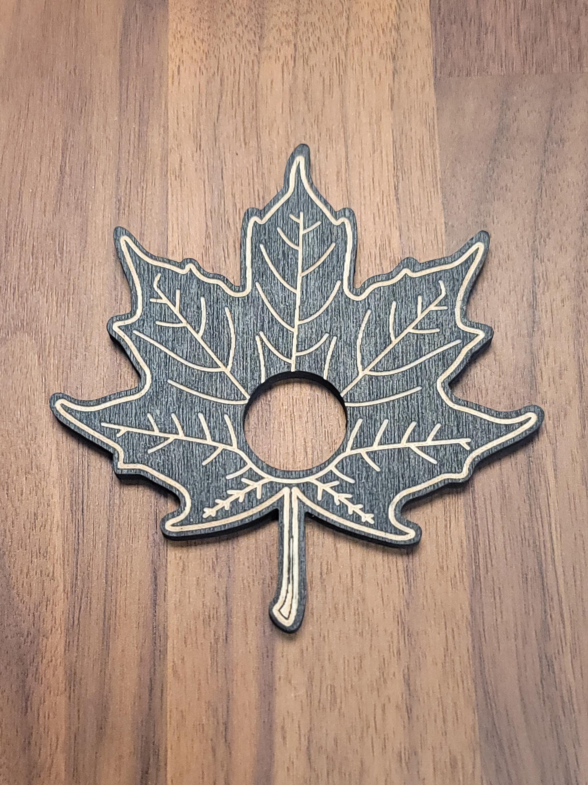 Maple Leaf Crystal Sphere Stand: Black Etched Wood Autumn Decor