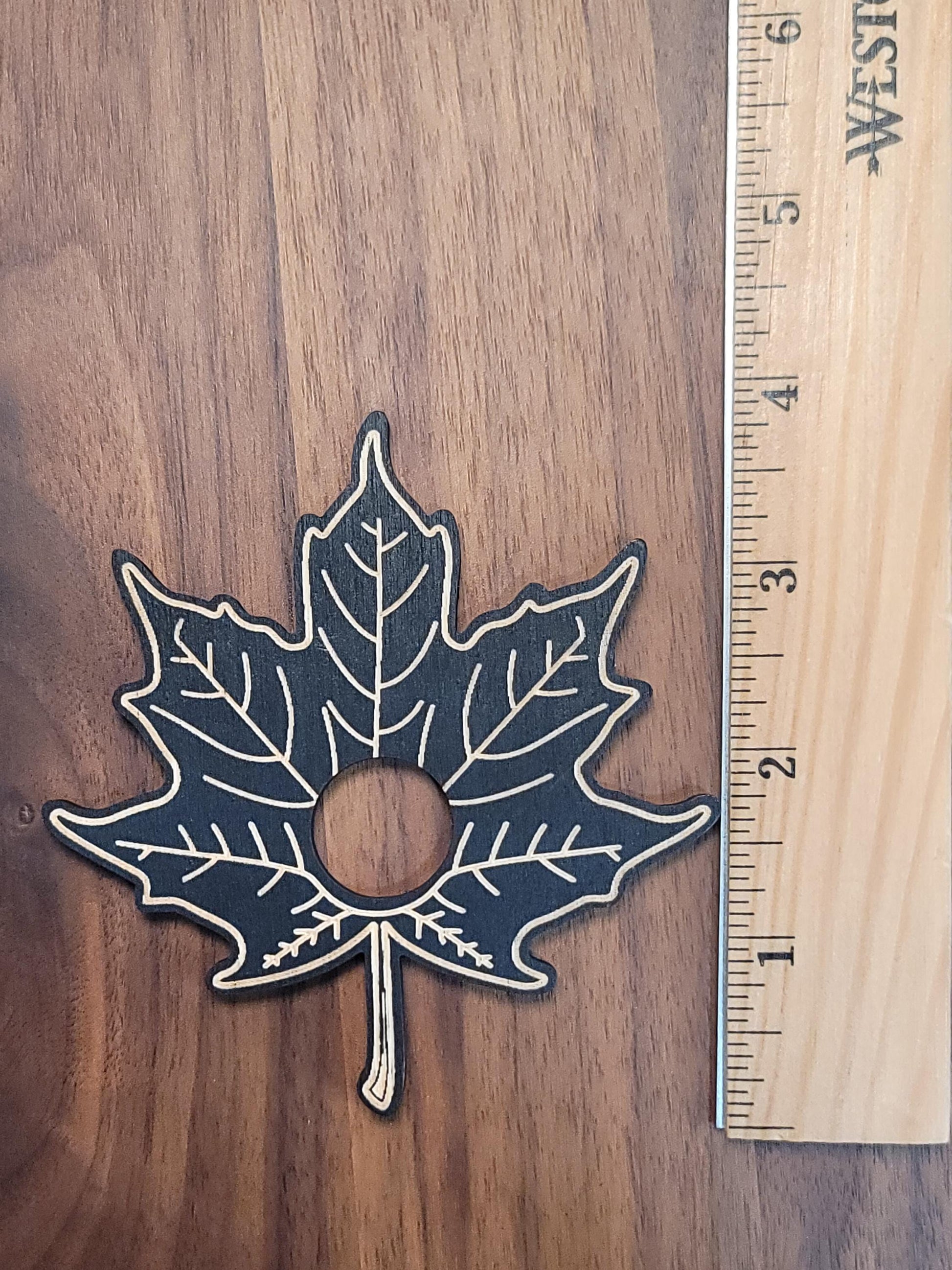 Maple Leaf Crystal Sphere Stand: Black Etched Wood Autumn Decor