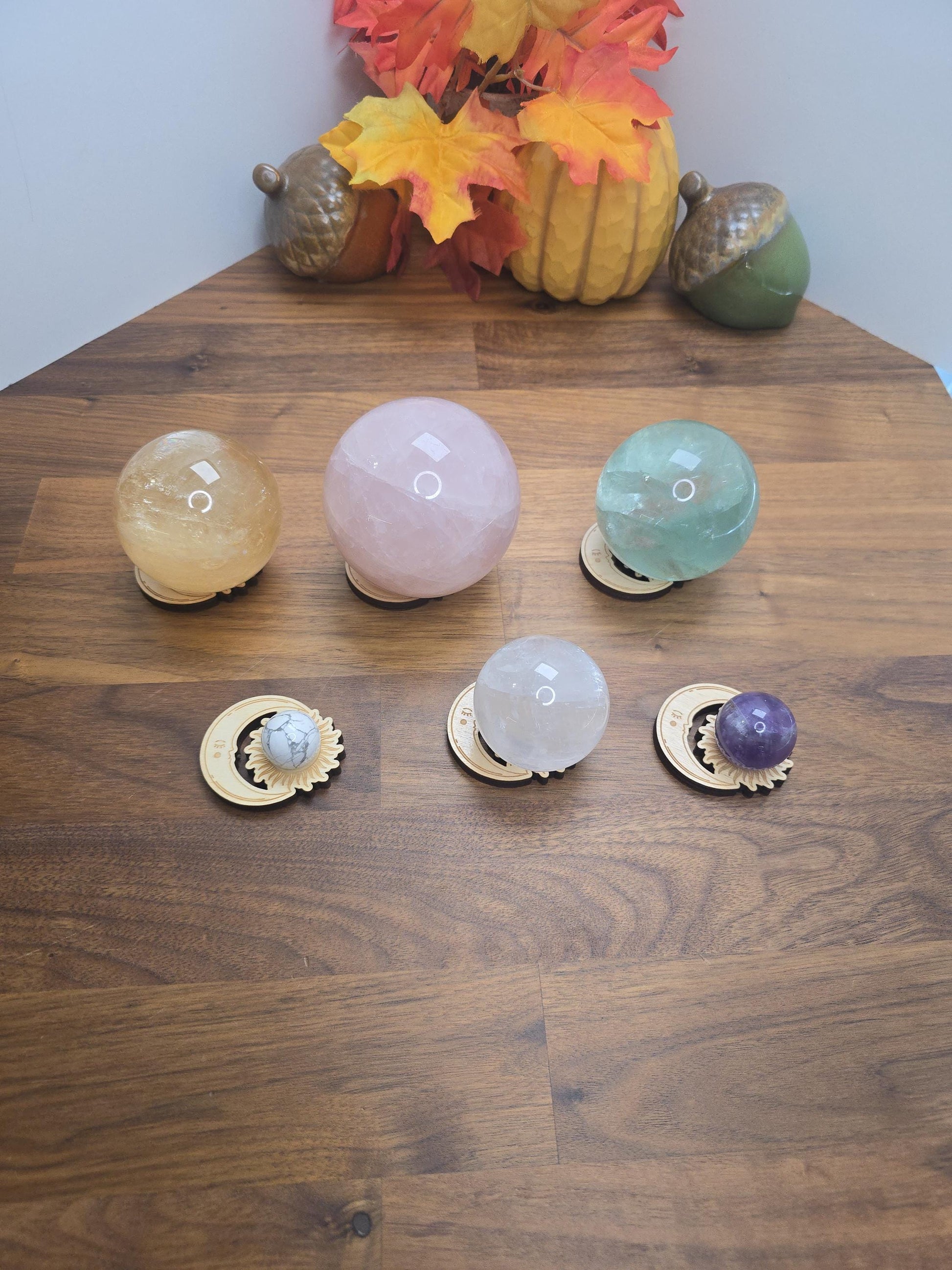 Celestial Wood Crystal Sphere Stand: Sun & Moon Decor (2 inch)