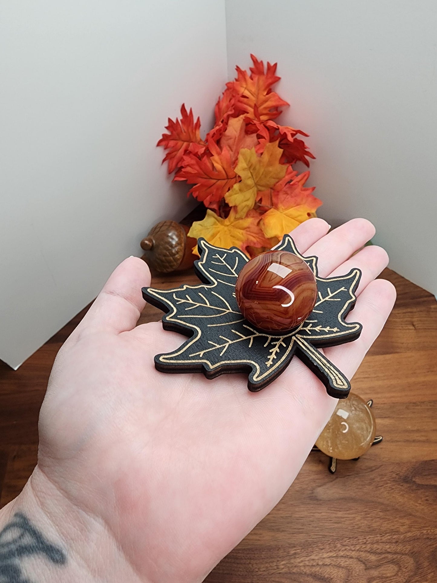 Maple Leaf Crystal Sphere Stand | Black Etched Wood Leaves for Autumn Decor | 4' | Fall Ball Display or Baseball Holder | Intuitively Chosen