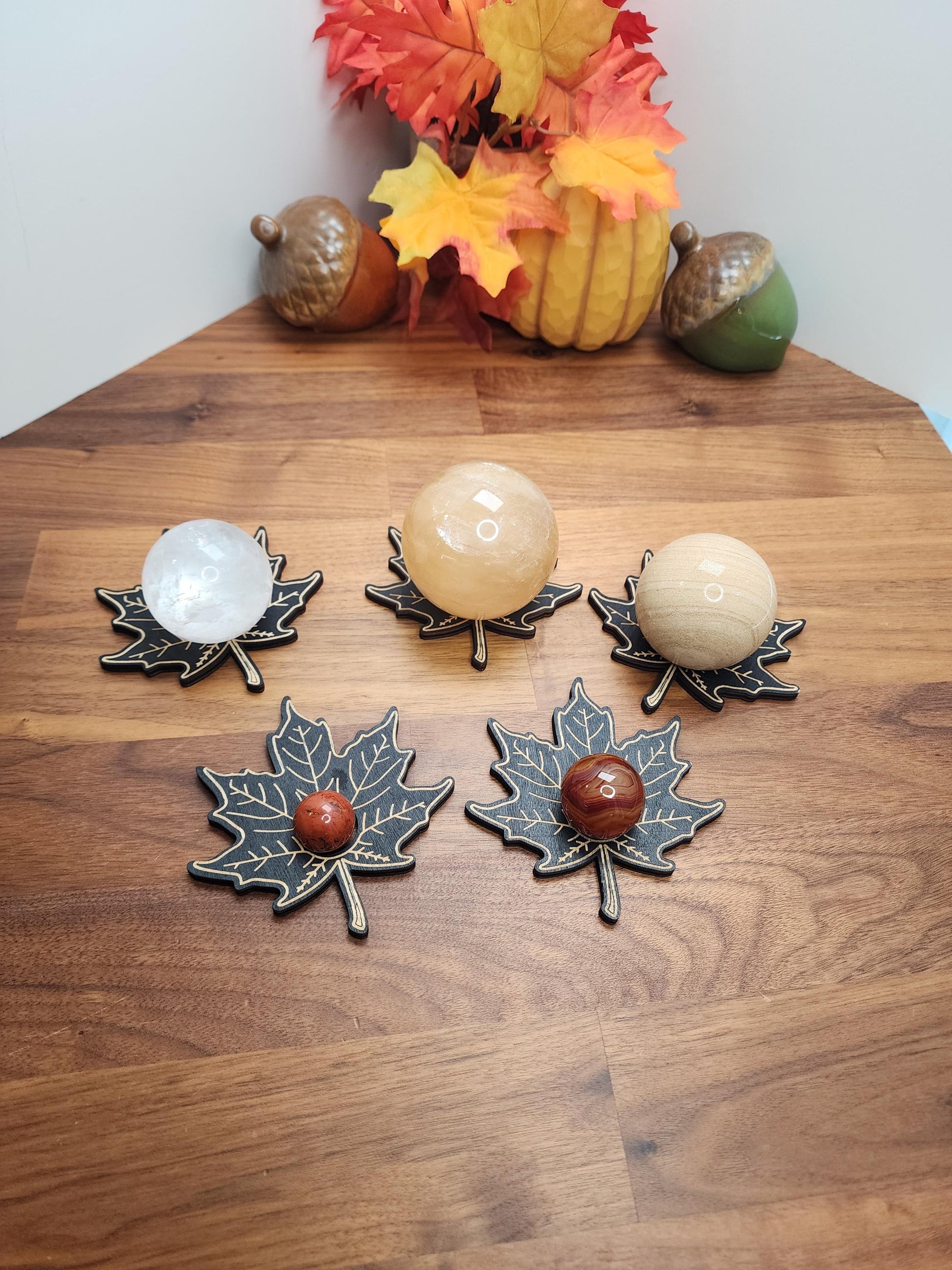 Maple Leaf Crystal Sphere Stand | Black Etched Wood Leaves for Autumn Decor | 4' | Fall Ball Display or Baseball Holder | Intuitively Chosen