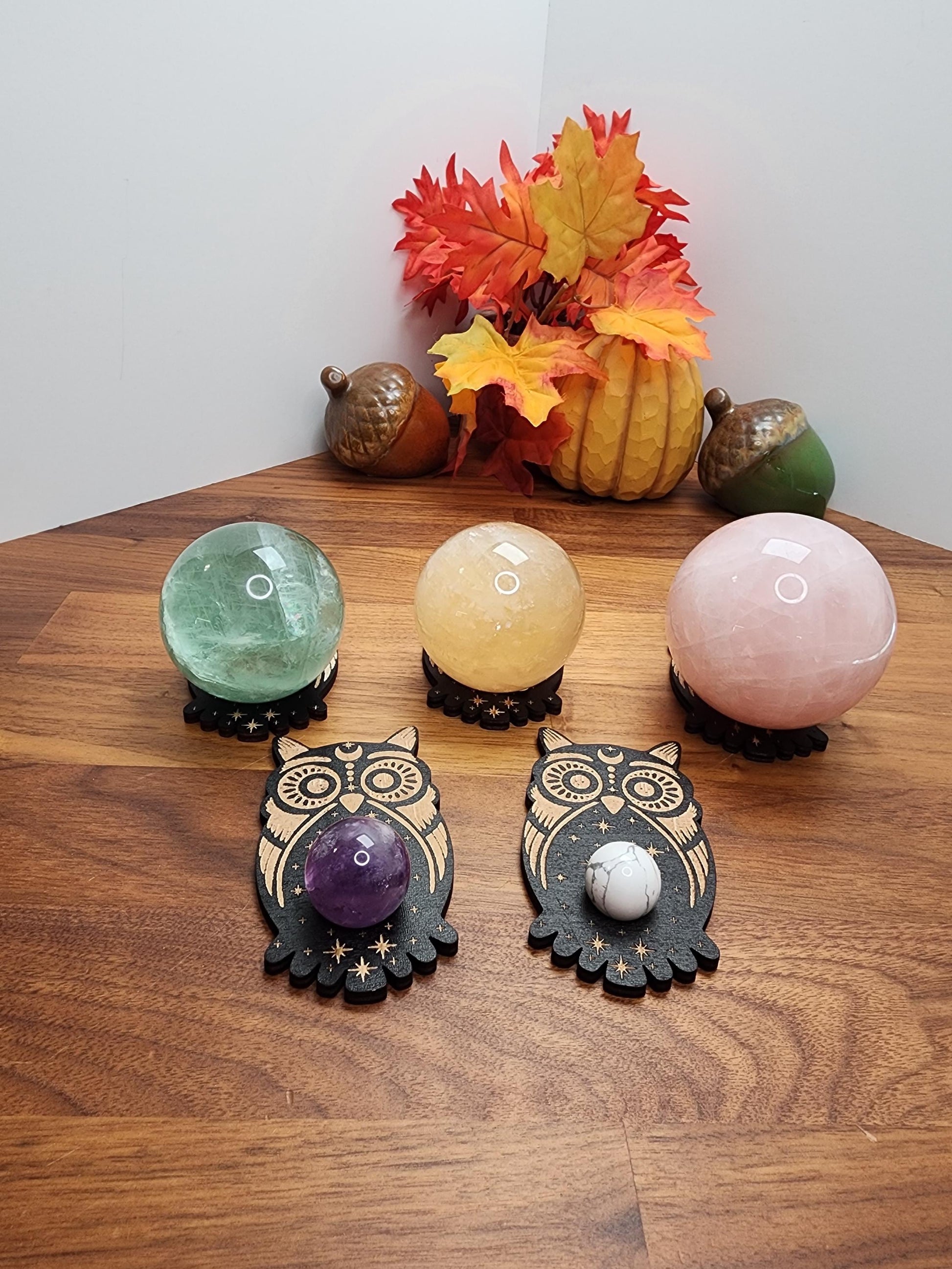 Wise Owl Crystal Sphere Stand | Black Etched Wood Ball Holder | Autumn & Winter Crystal Display Ideas | Intuitively Chosen