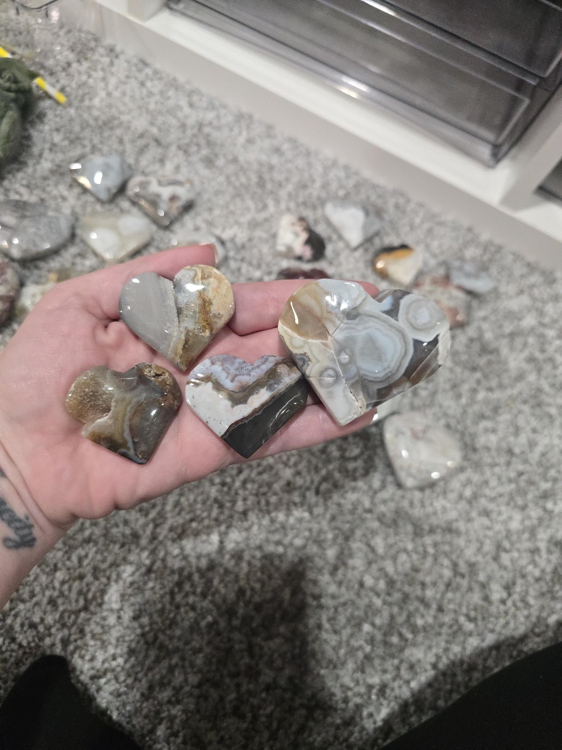 Misfit Moroccan Agate Crystal Heart | Around 1"-2" | Mexico Crazy Lace with colors from gray to pink and bright red, crimson | Imperfect