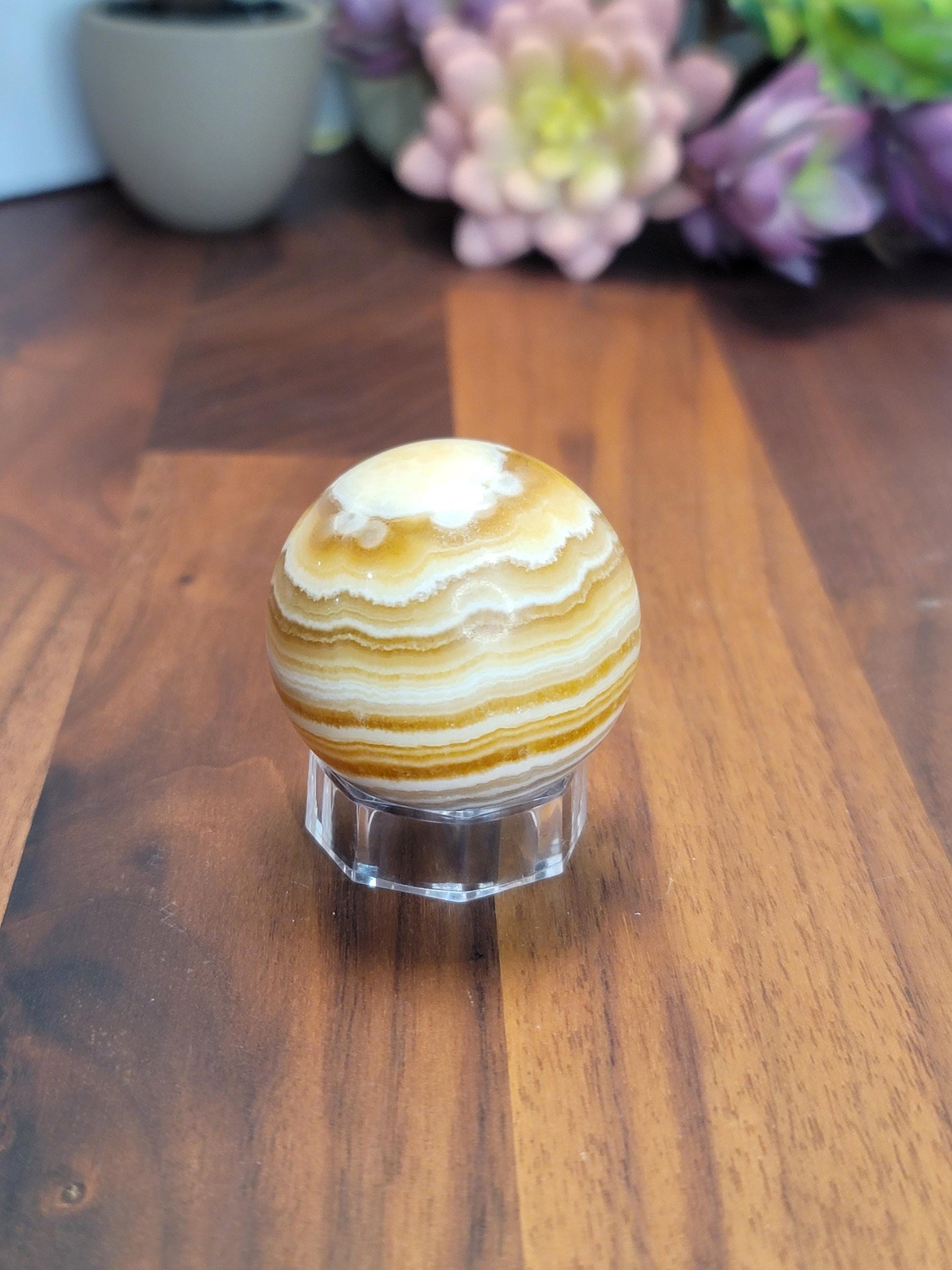 Yellow Banded Calcite Crystal Sphere | 43 MM | Yellow White and Orange | Intuitively Chosen