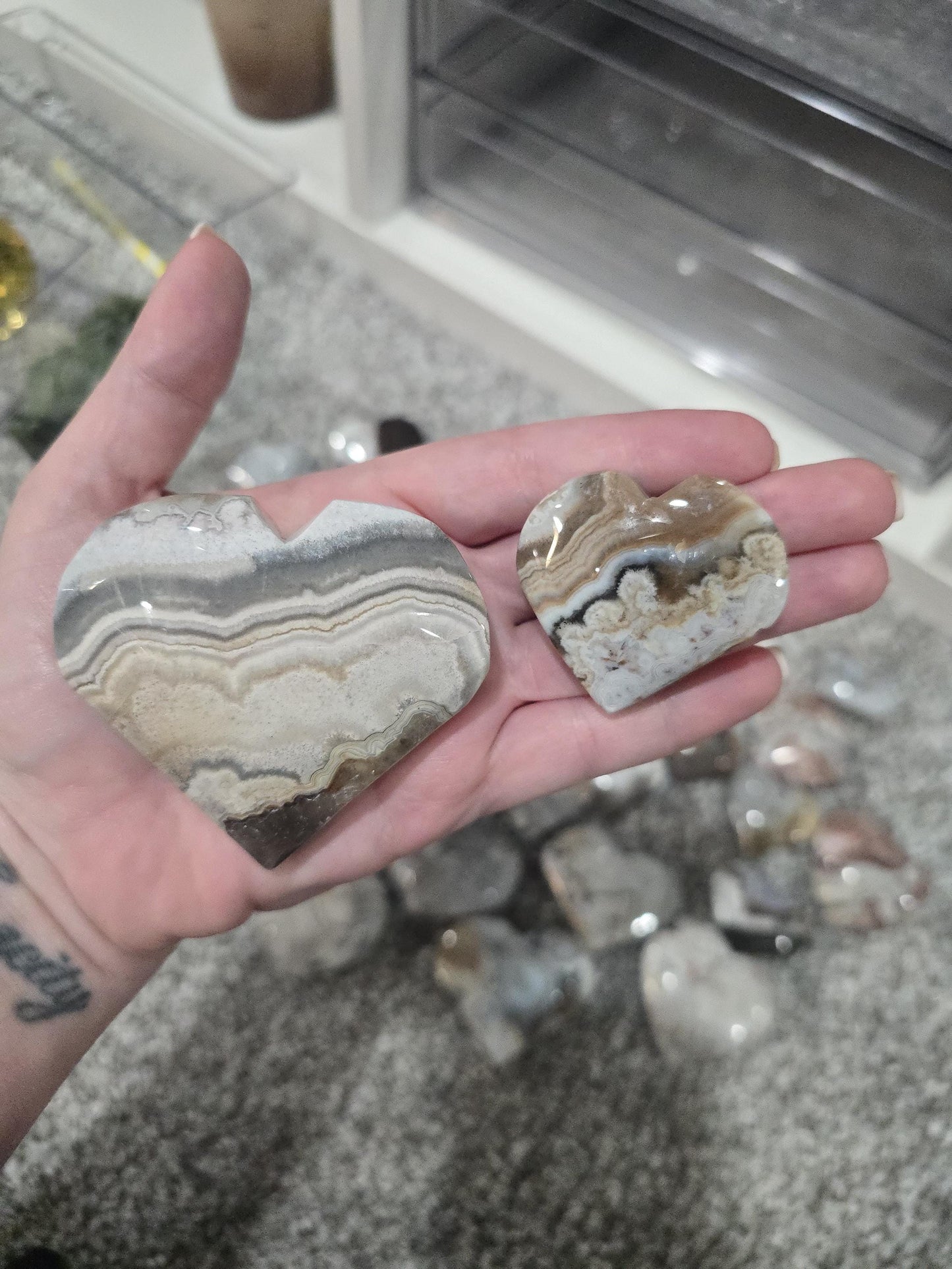 Misfit Moroccan Agate Crystal Heart | Around 1"-2" | Mexico Crazy Lace with colors from gray to pink and bright red, crimson | Imperfect