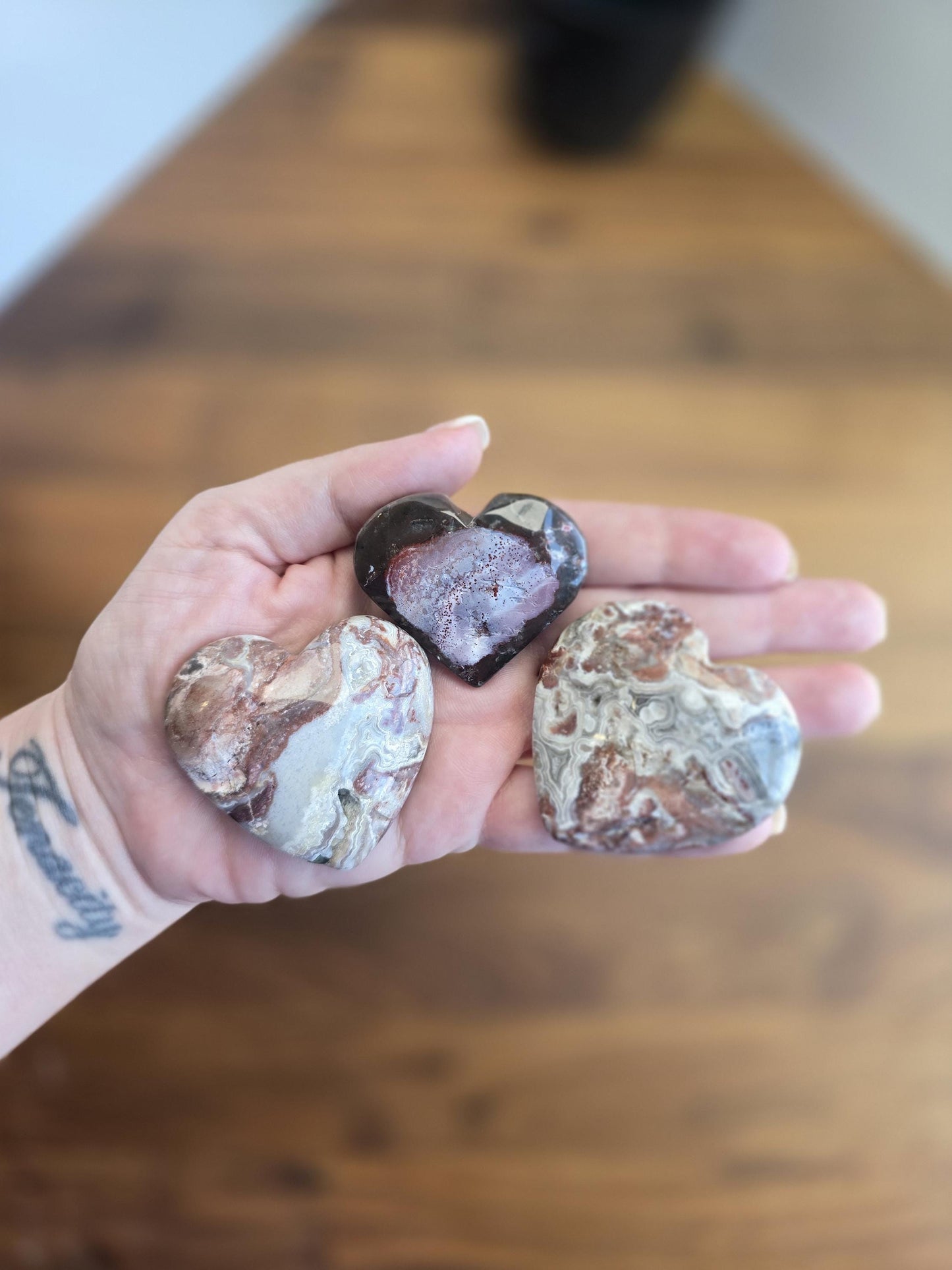 Misfit Moroccan Agate Crystal Heart | Around 1"-2" | Mexico Crazy Lace with colors from gray to pink and bright red, crimson | Imperfect