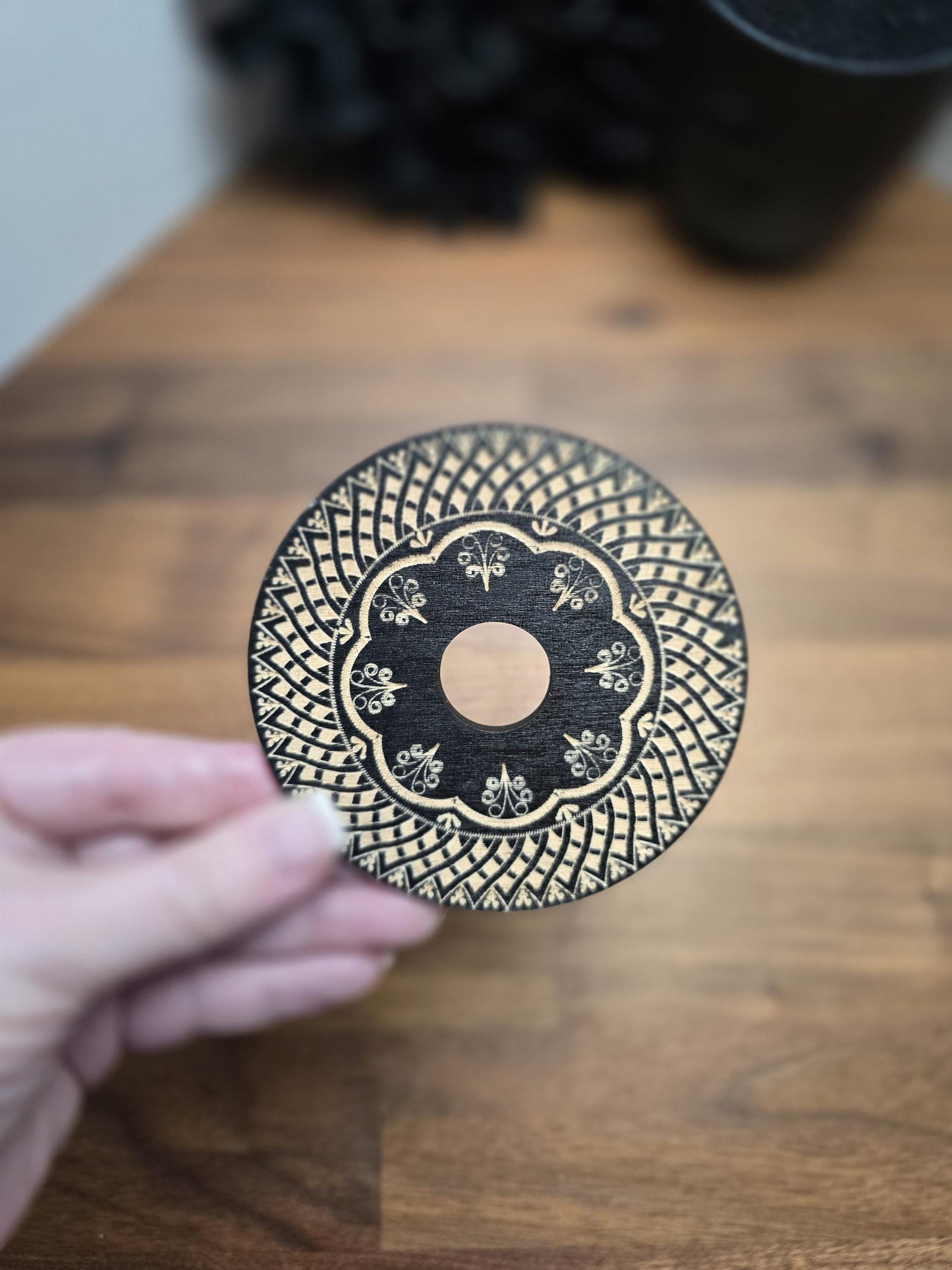 Detailed Mandala Crystal Sphere Stand | Black Etcehd Wood Circle | Round Flat Goth Ball Display