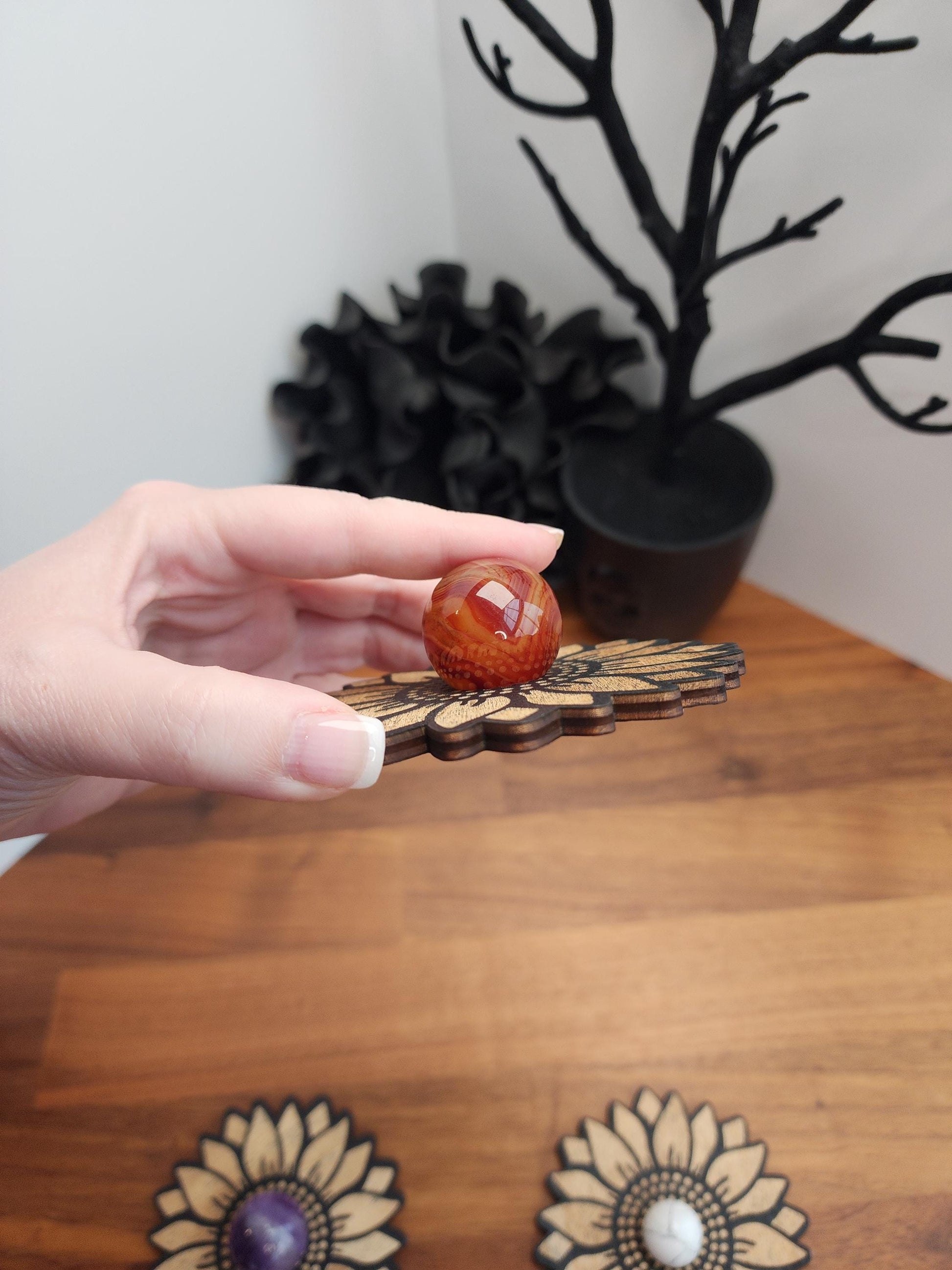 Sunflower Crystal Sphere Stand "Summer" | 3.75" | Black Etched Wooden Display | Sunny flower, seed center & petal edge cutouts | Ball Holder