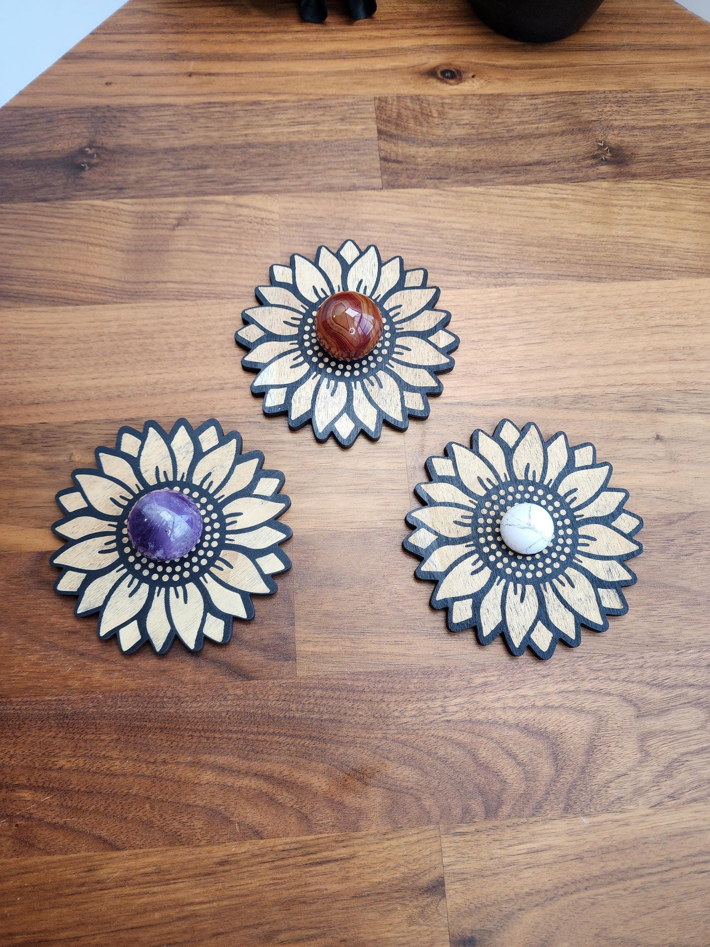 Sunflower Crystal Sphere Stand "Summer" | 3.75" | Black Etched Wooden Display | Sunny flower, seed center & petal edge cutouts | Ball Holder