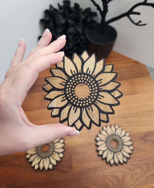 Sunflower Crystal Sphere Stand | 3.75" | Black Etched Wooden Display | Sunny flower in center & petal edge cutouts | Circle Ball Holder