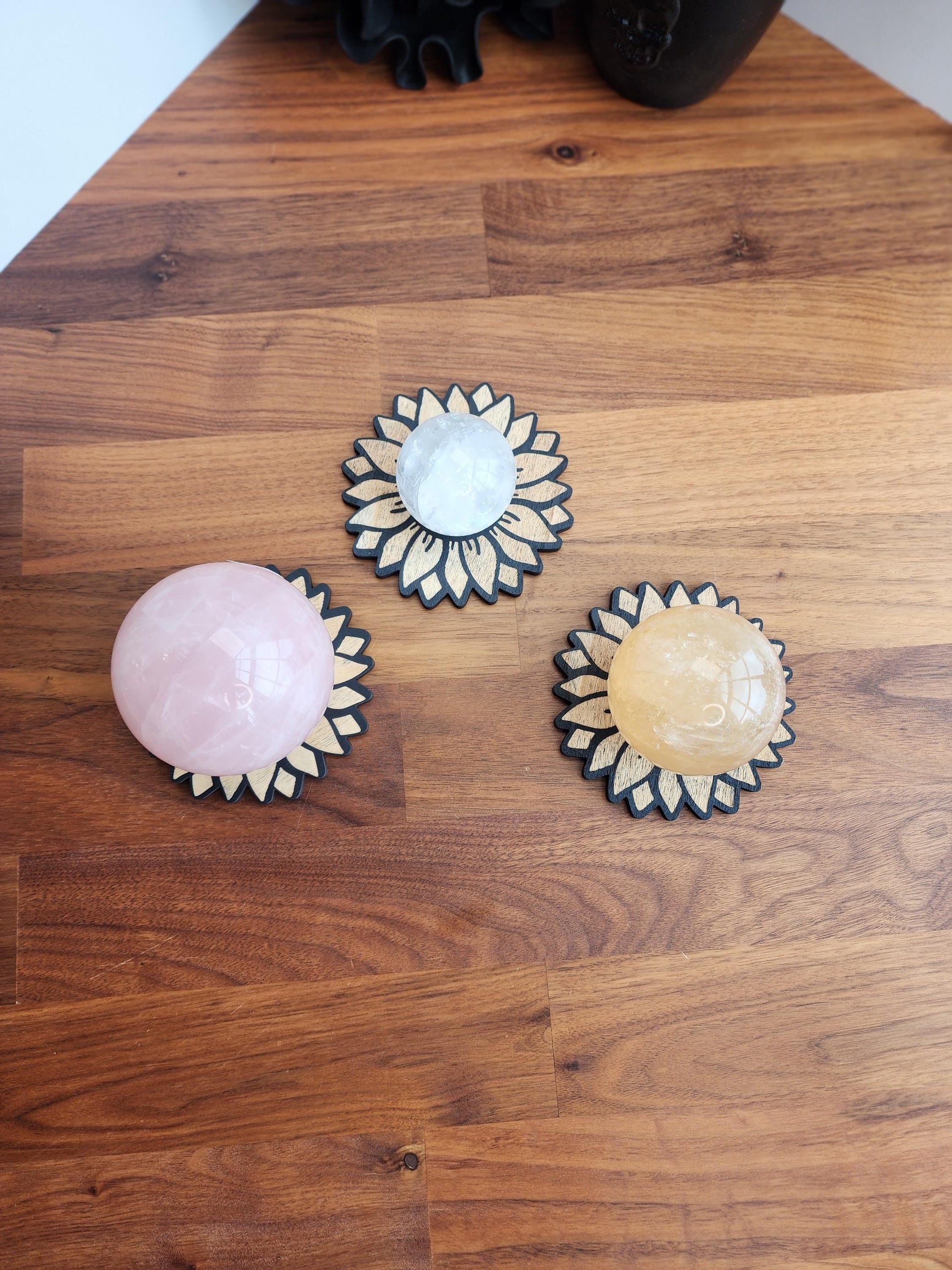 Sunflower Crystal Sphere Stand "Summer" | 3.75" | Black Etched Wooden Display | Sunny flower, seed center & petal edge cutouts | Ball Holder