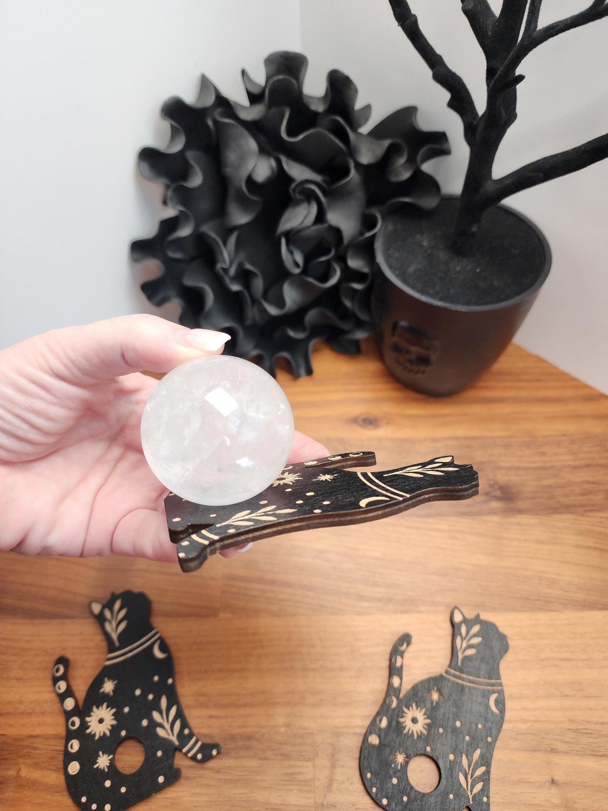 Lunar Cycle Cat Sphere Stand | 3.75" | Black Etched Wooden Display | 25mm to 80mm Crystal Ball Holder