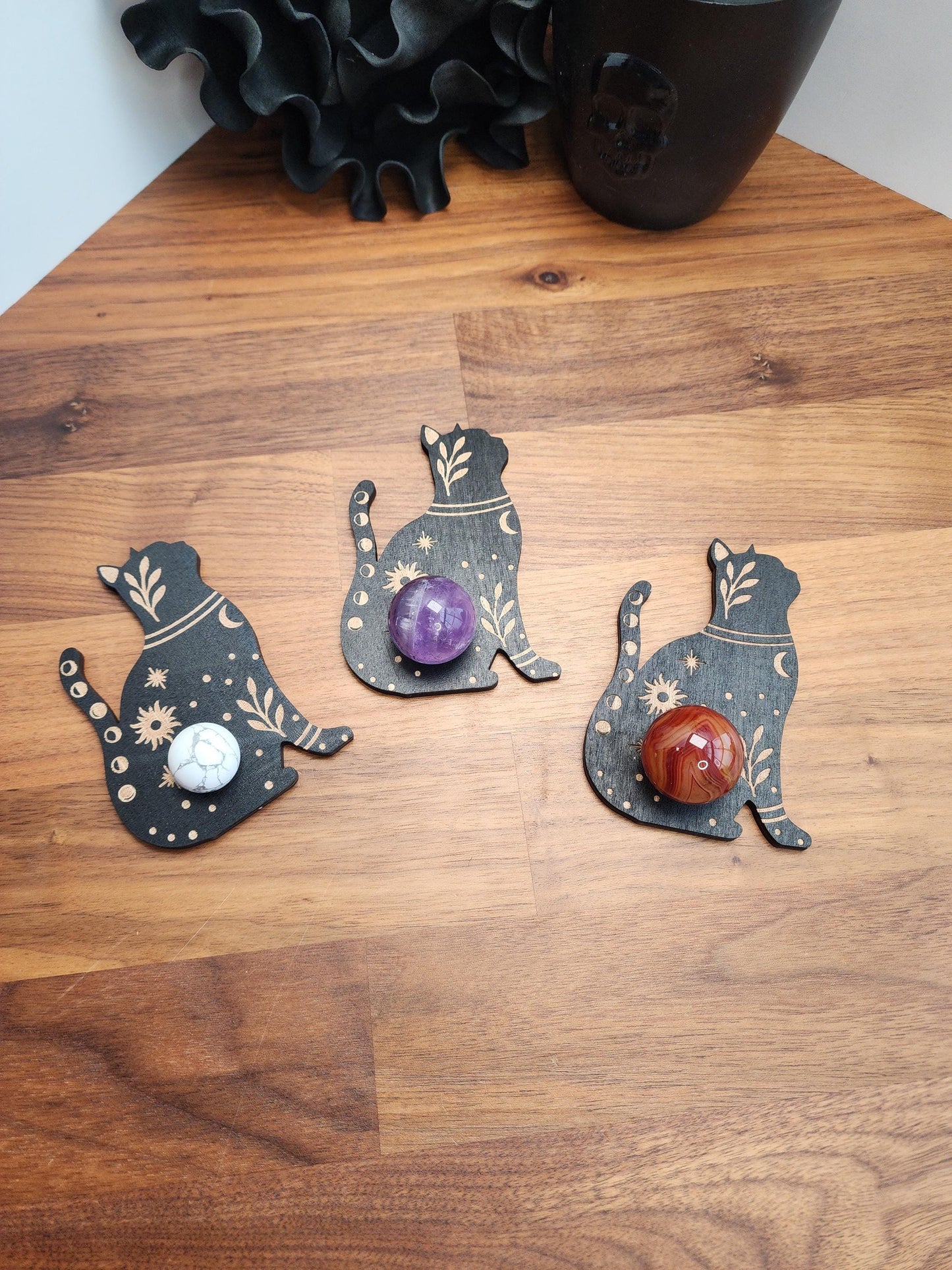 Lunar Cycle Cat Sphere Stand | 3.75" | Black Etched Wooden Display | 25mm to 80mm Crystal Ball Holder