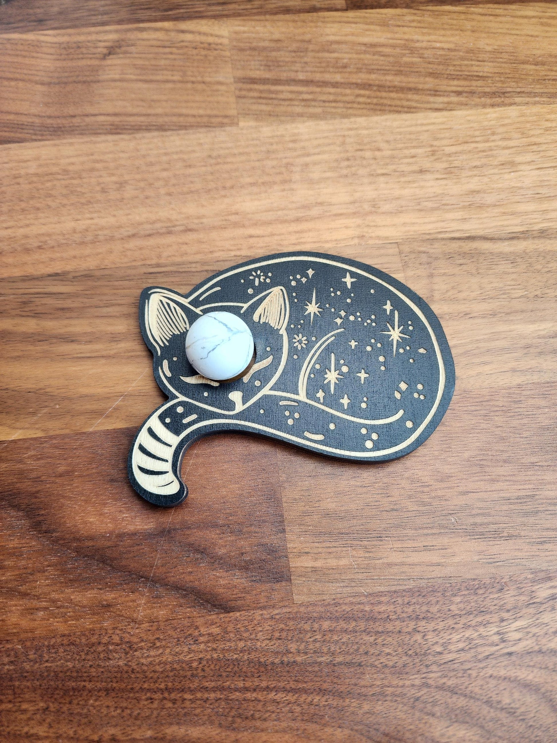 Sleepy Celestial Cat Sphere Stand | 3.75" | Black Etched Wooden Display | 25mm to 80mm Crystal Ball Holder