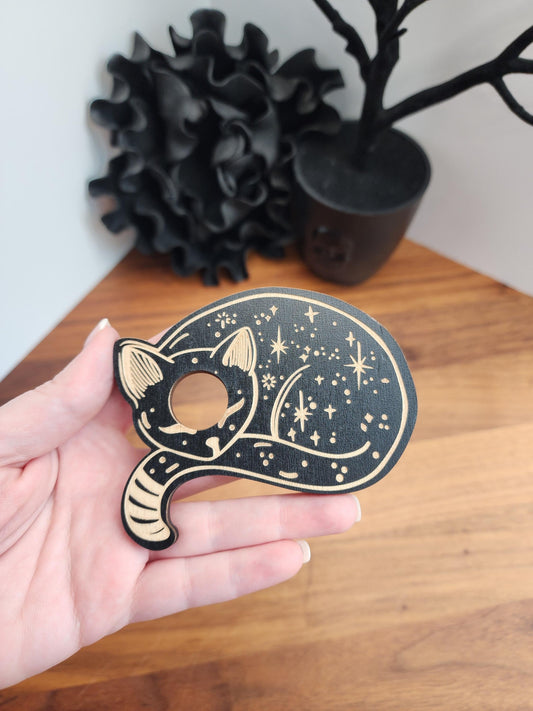 Sleepy Celestial Cat Sphere Stand | 3.75" | Black Etched Wooden Display | 25mm to 80mm Crystal Ball Holder