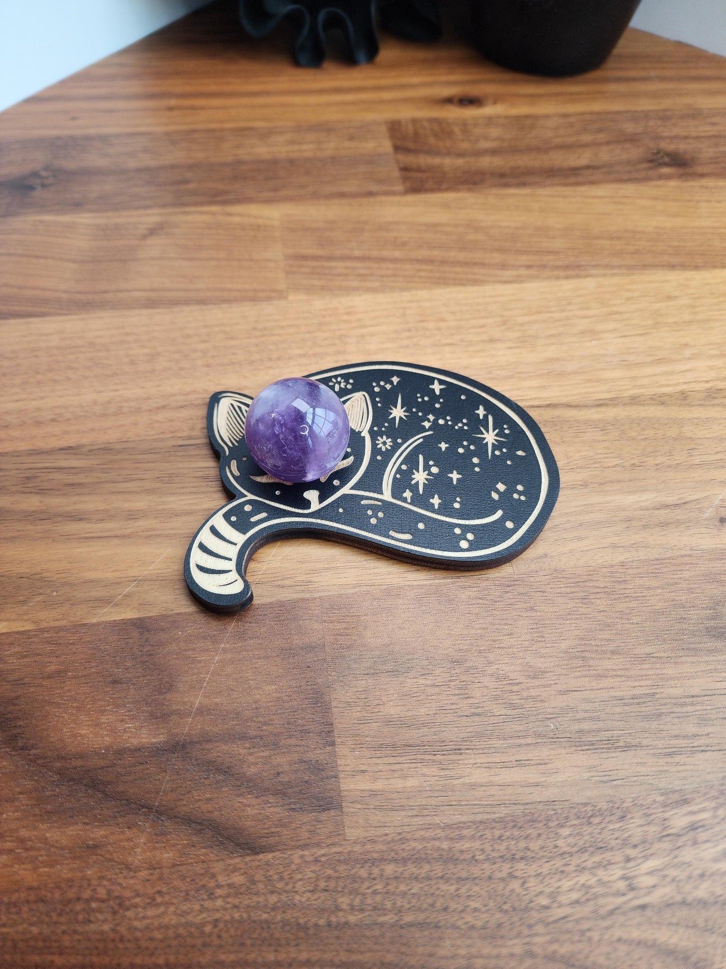 Sleepy Celestial Cat Sphere Stand | 3.75" | Black Etched Wooden Display | 25mm to 80mm Crystal Ball Holder