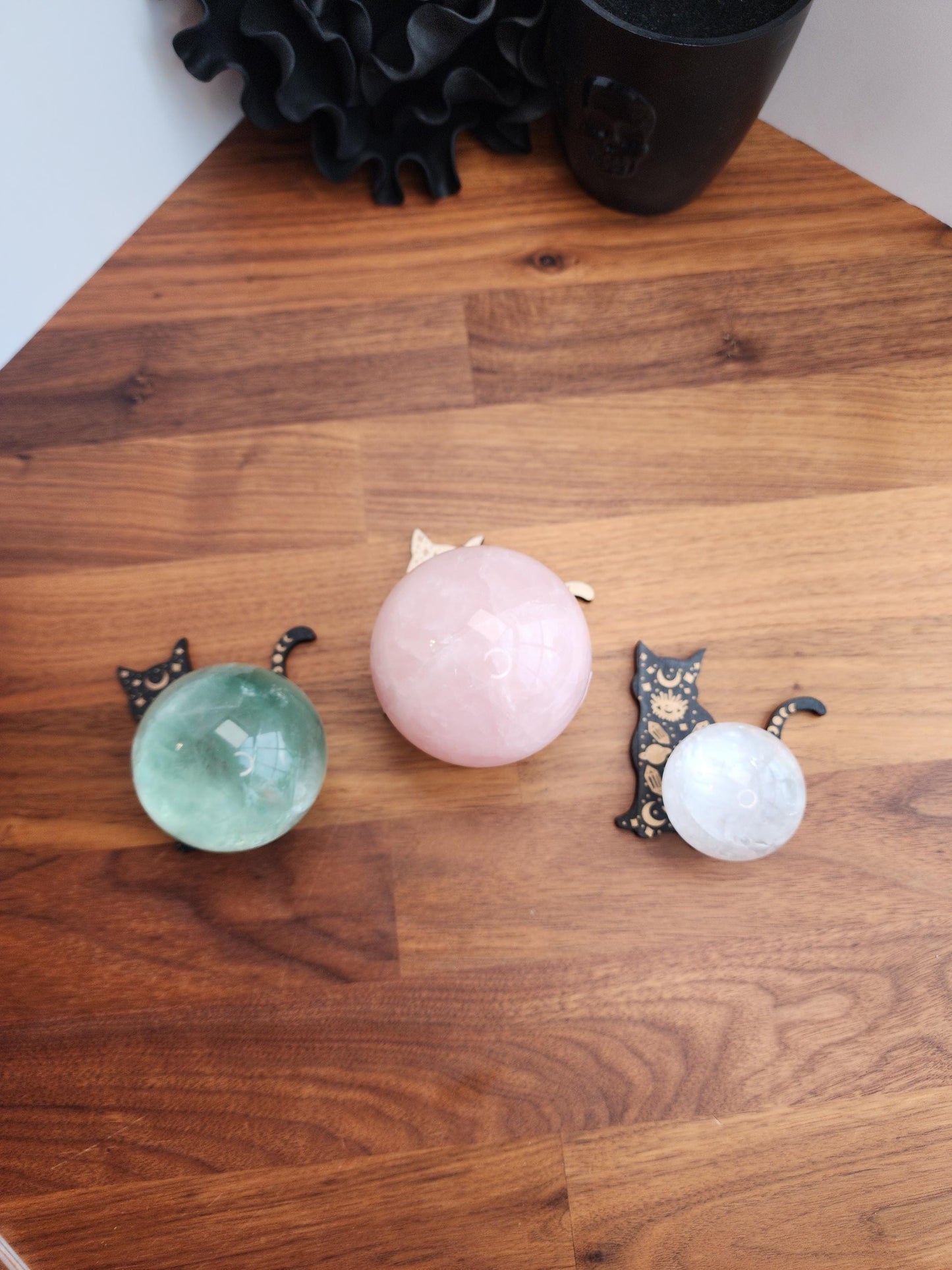Crystal Cat Sphere Stand | 3" | Adorned with Crystal and a Protective Eye in Black or Natural Color Etched Wood | 25mm to 80mm Ball Holder