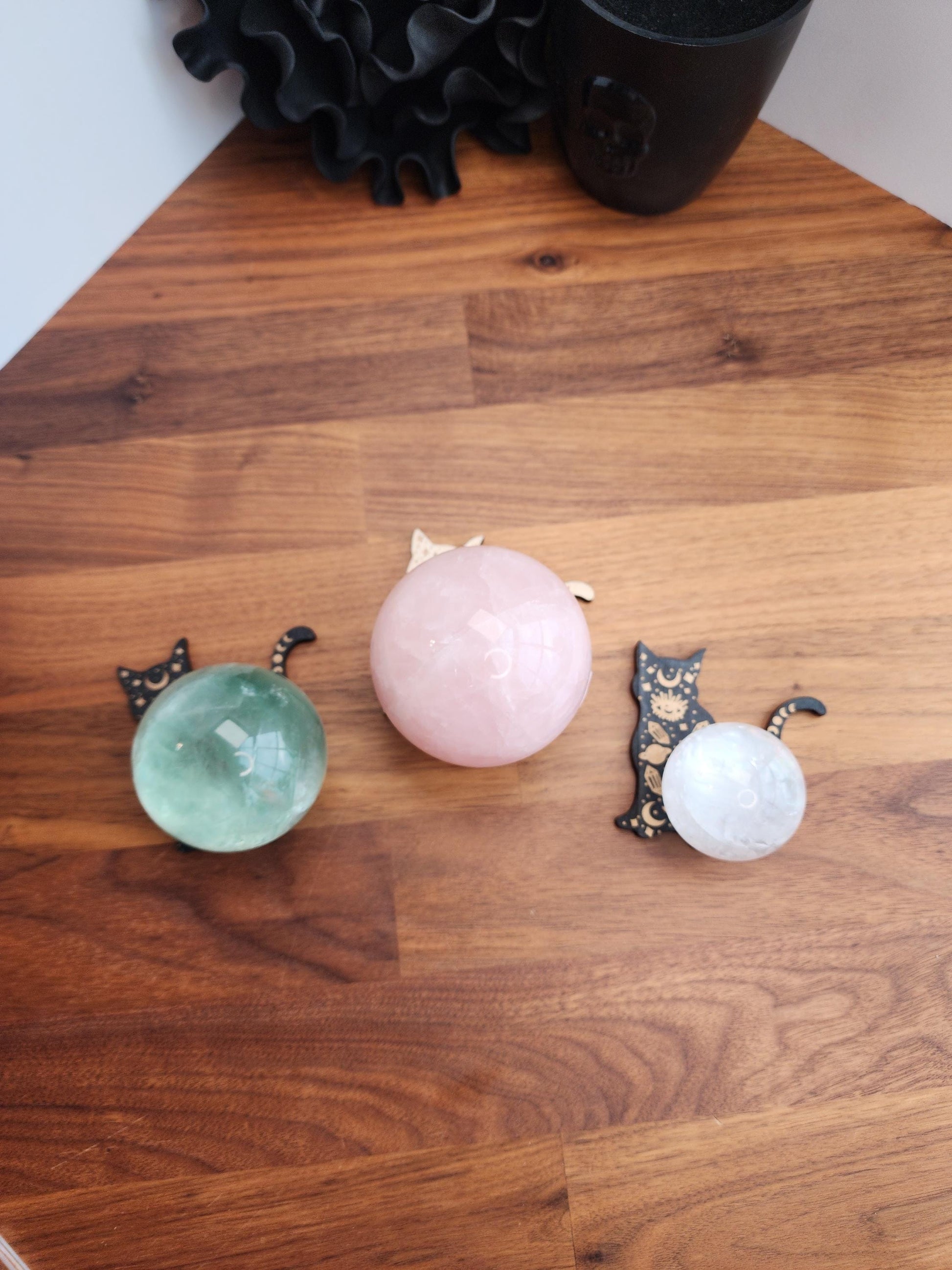 Crystal Cat Sphere Stand | 3" | Adorned with Crystal and a Protective Eye in Black or Natural Color Etched Wood | 25mm to 80mm Ball Holder