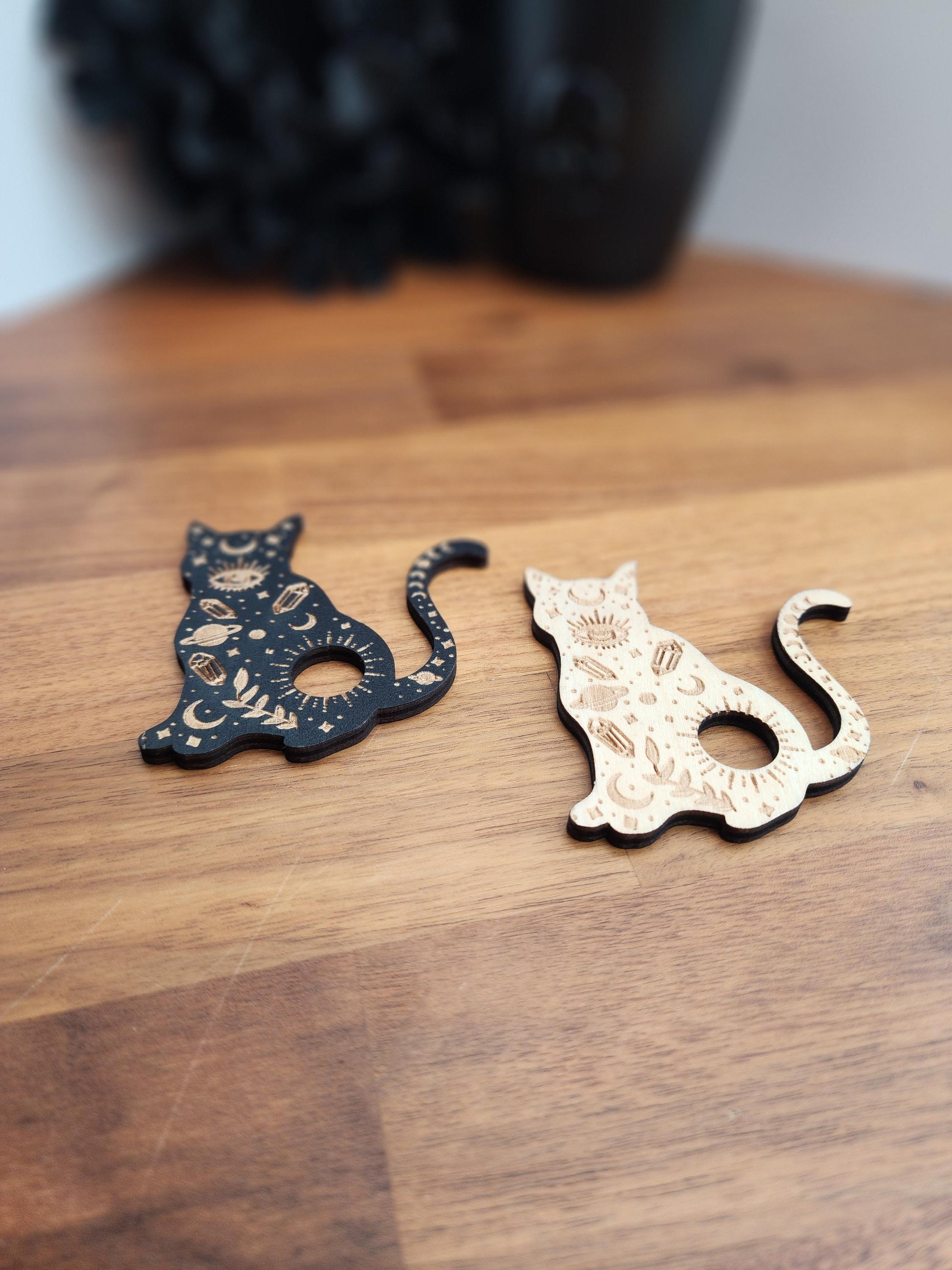 Crystal Cat Sphere Stand | 3" | Adorned with Crystal and a Protective Eye in Black or Natural Color Etched Wood | 25mm to 80mm Ball Holder