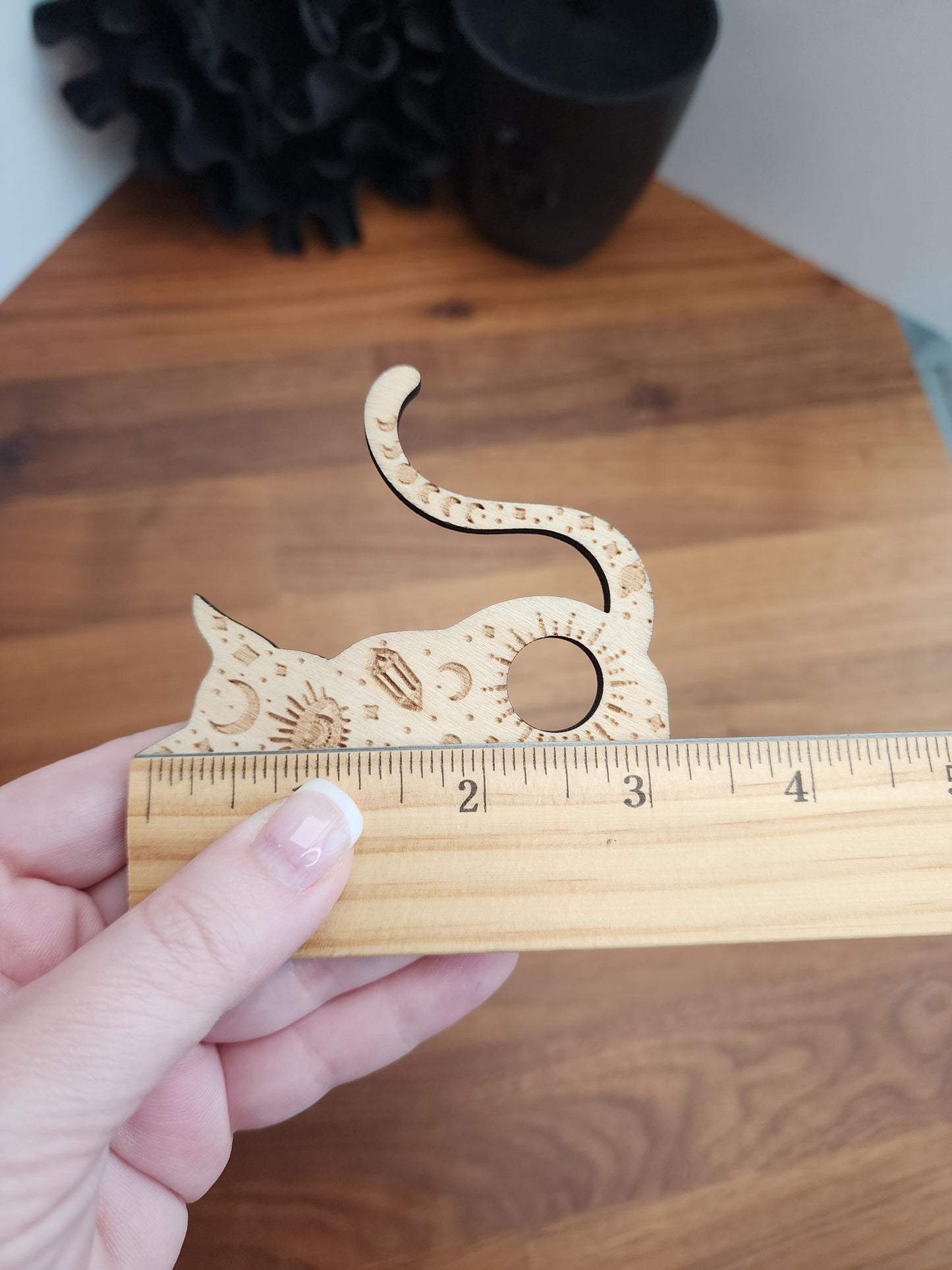 Crystal Cat Sphere Stand | 3" | Adorned with Crystal and a Protective Eye in Black or Natural Color Etched Wood | 25mm to 80mm Ball Holder