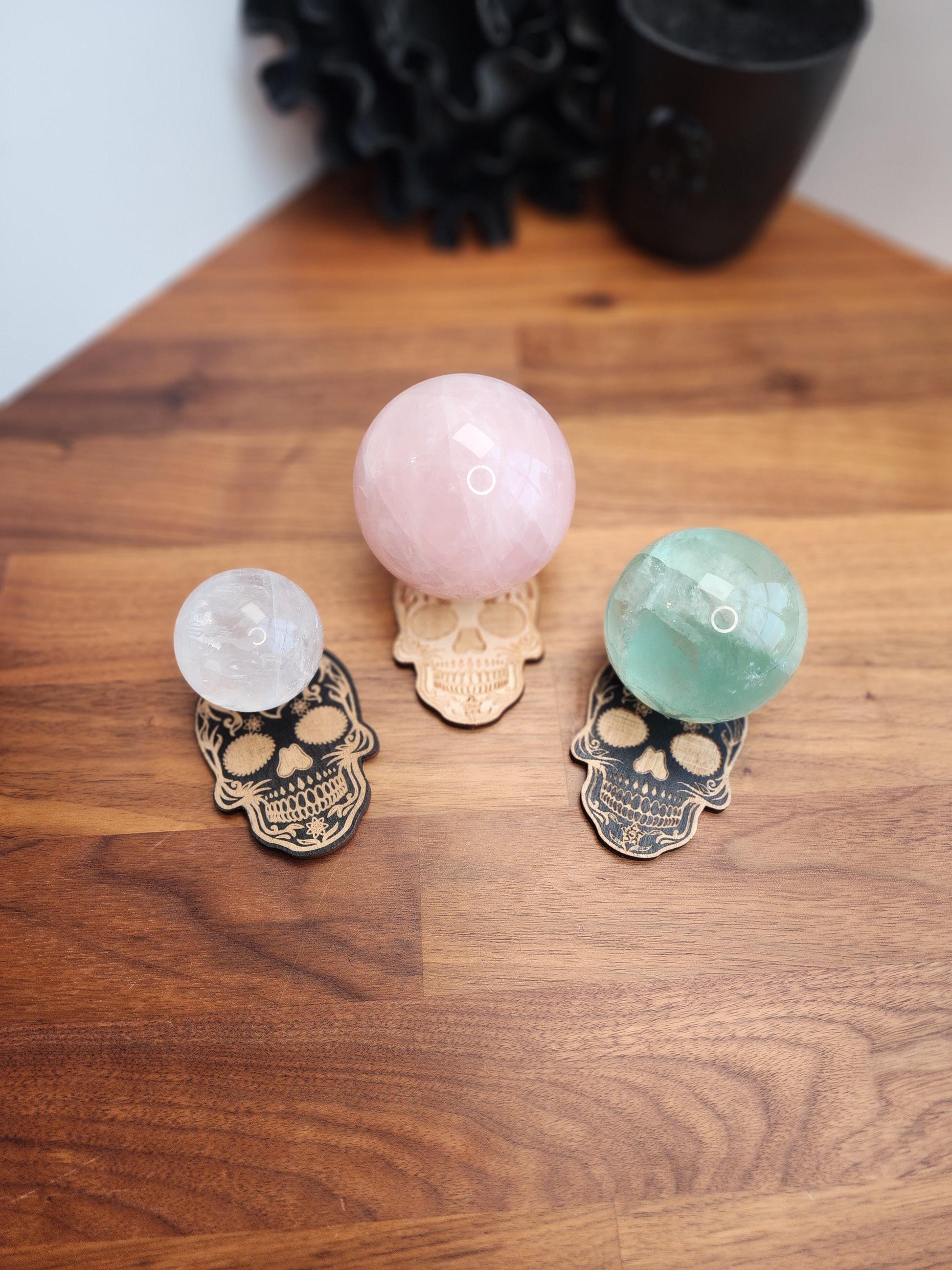 Decorative Skull Crystal Sphere Stand | 3" | Smiling sugar skull with heart in Black or Natural Color Etched Wood | 25mm to 80mm Ball Holder