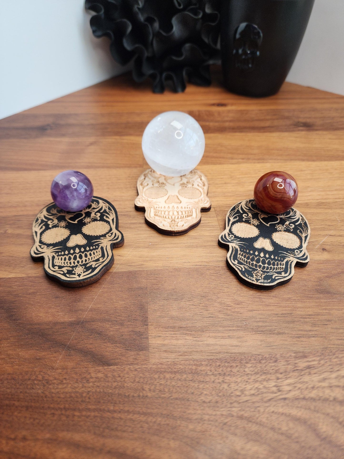 Decorative Skull Crystal Sphere Stand | 3" | Smiling sugar skull with heart in Black or Natural Color Etched Wood | 25mm to 80mm Ball Holder