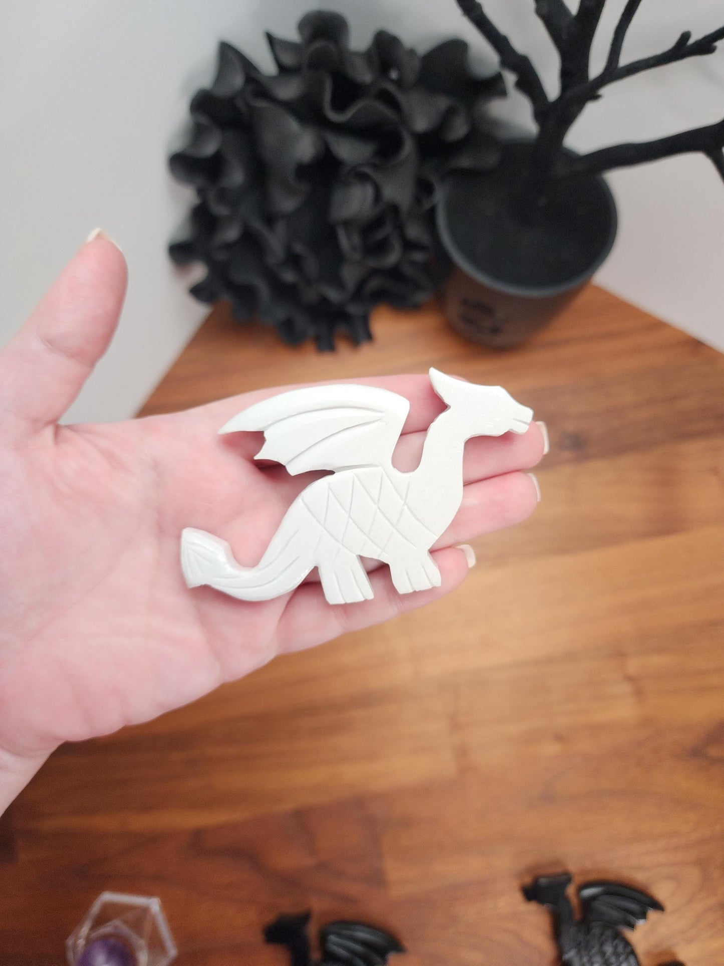 Winged Crystal Dragon | Medieval Black or White Carving | Natural Serpentine with Black Heavy Laquer | MISFIT