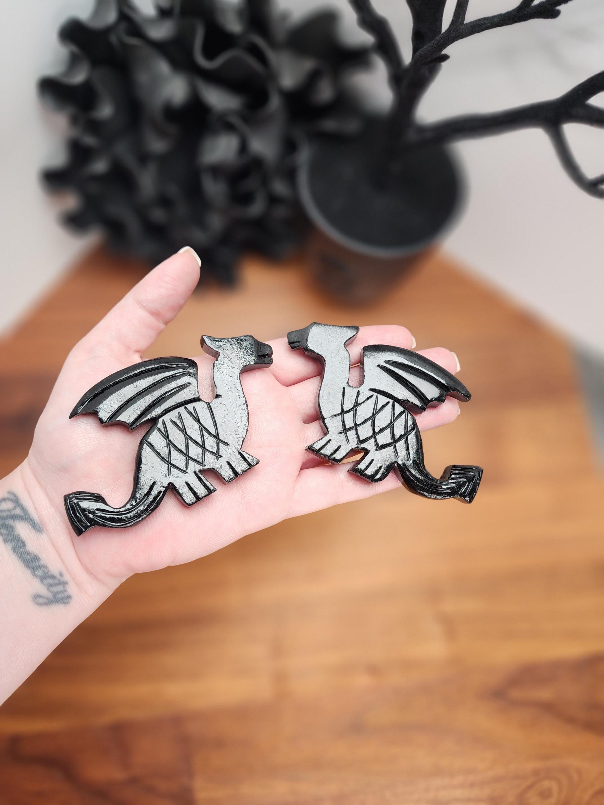 Winged Crystal Dragon | Medieval Black or White Carving | Natural Serpentine with Black Heavy Laquer | MISFIT