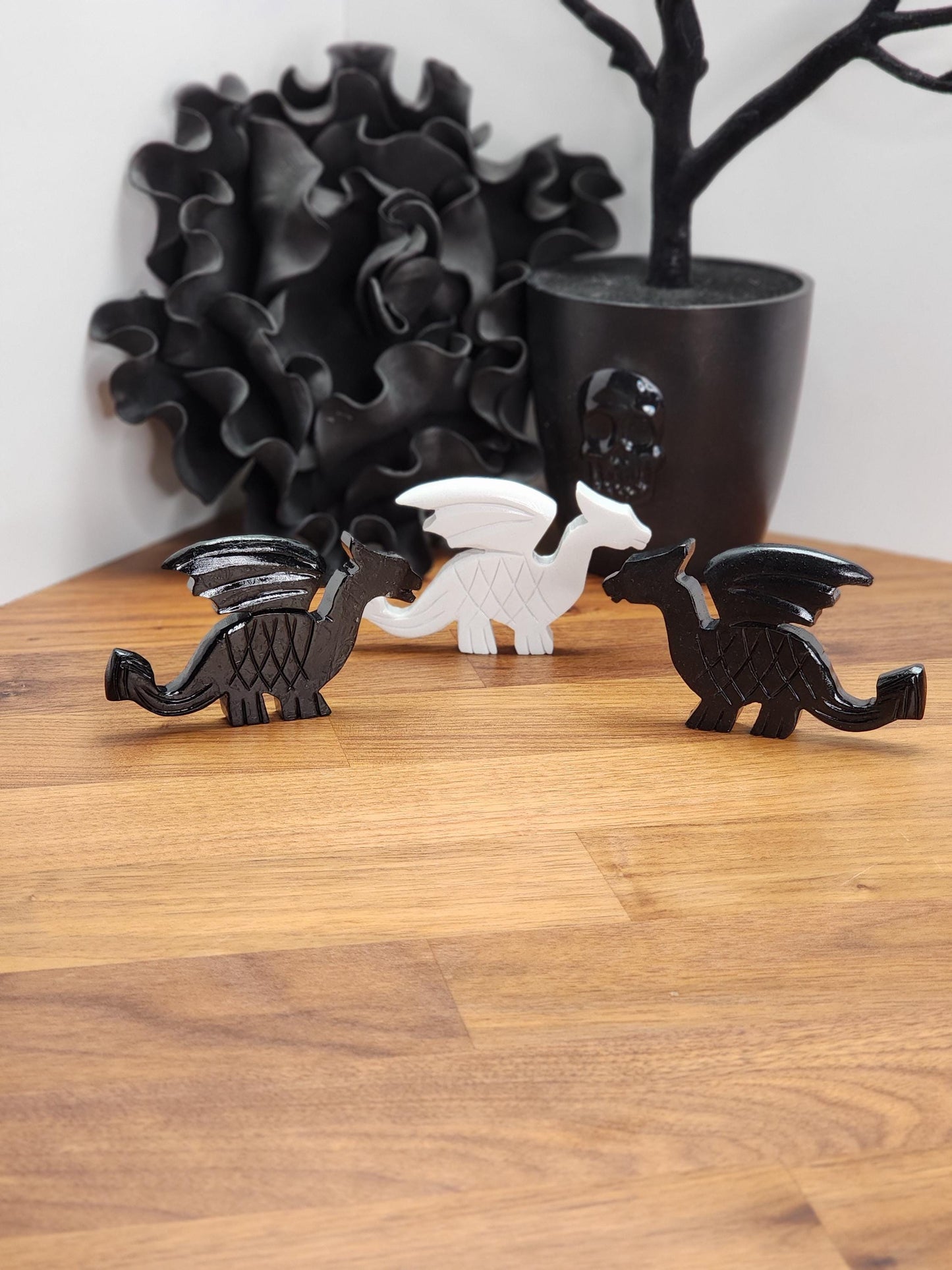 Winged Crystal Dragon | Medieval Black or White Carving | Natural Serpentine with Black Heavy Laquer | MISFIT