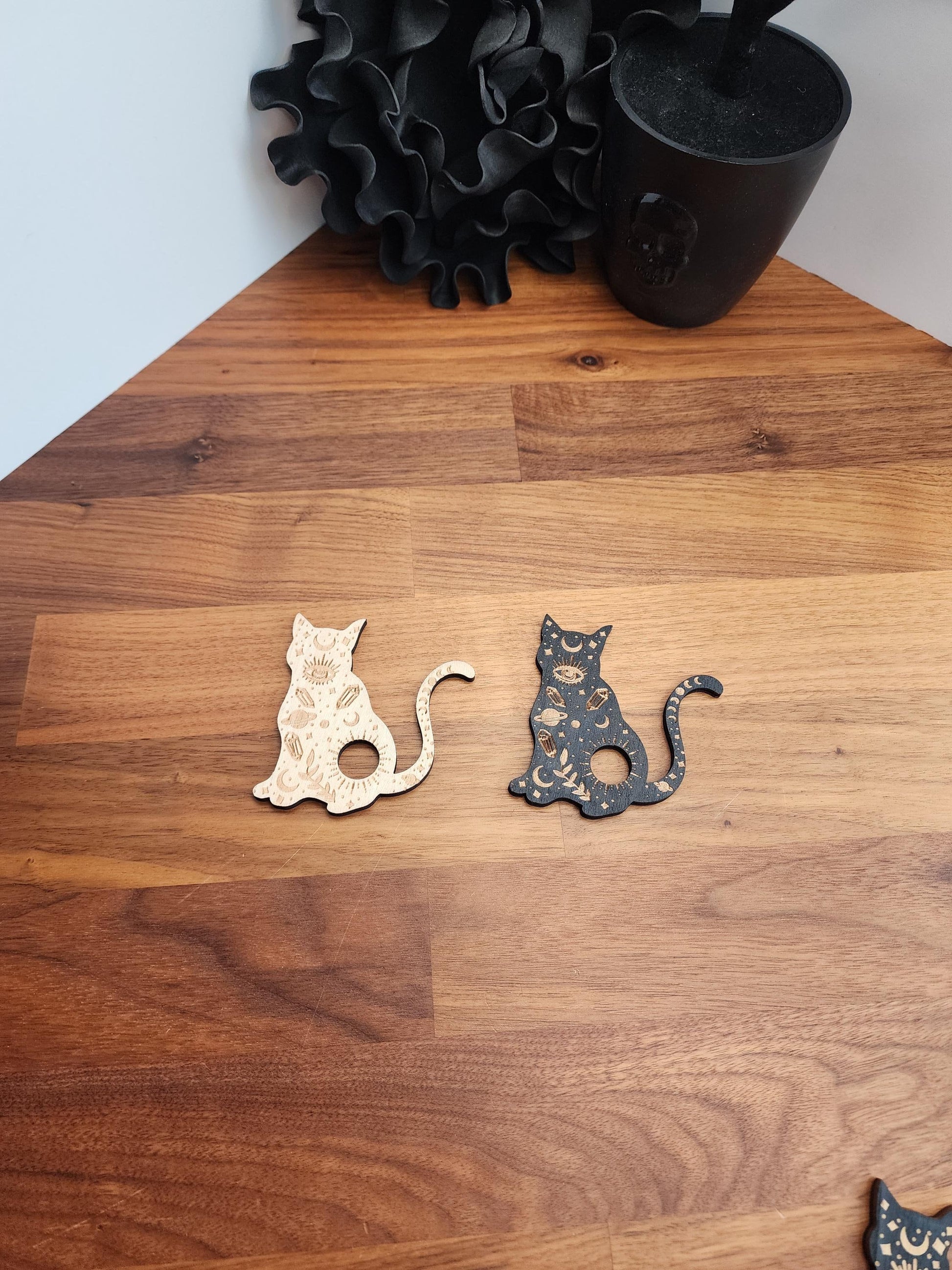 Crystal Sphere Stand: Protective Evil Eye Cat Motif with Crystal Gems and Planets | Black or Natural Etched Wood