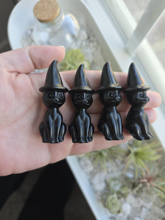 Crystal Witch Cat | Medium with Witchy Hats | Spooky Season | Halloween Crystals | Pet Familiar | Intuitively Chosen | Obsidian