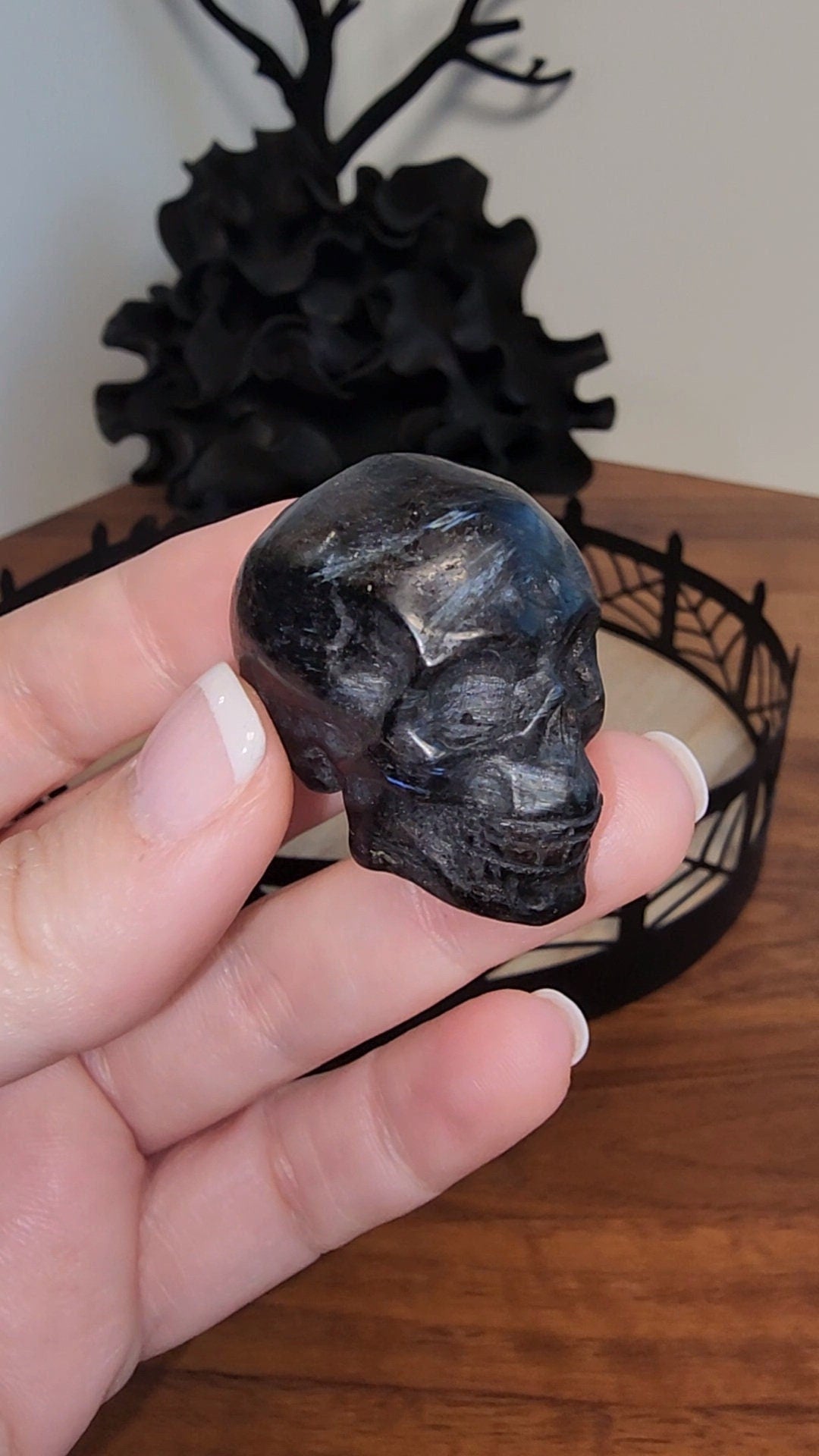 Fireworks Stone Crystal Skulls. Astrophyllite creates a gorgeous blue flash across this black/gray stone.