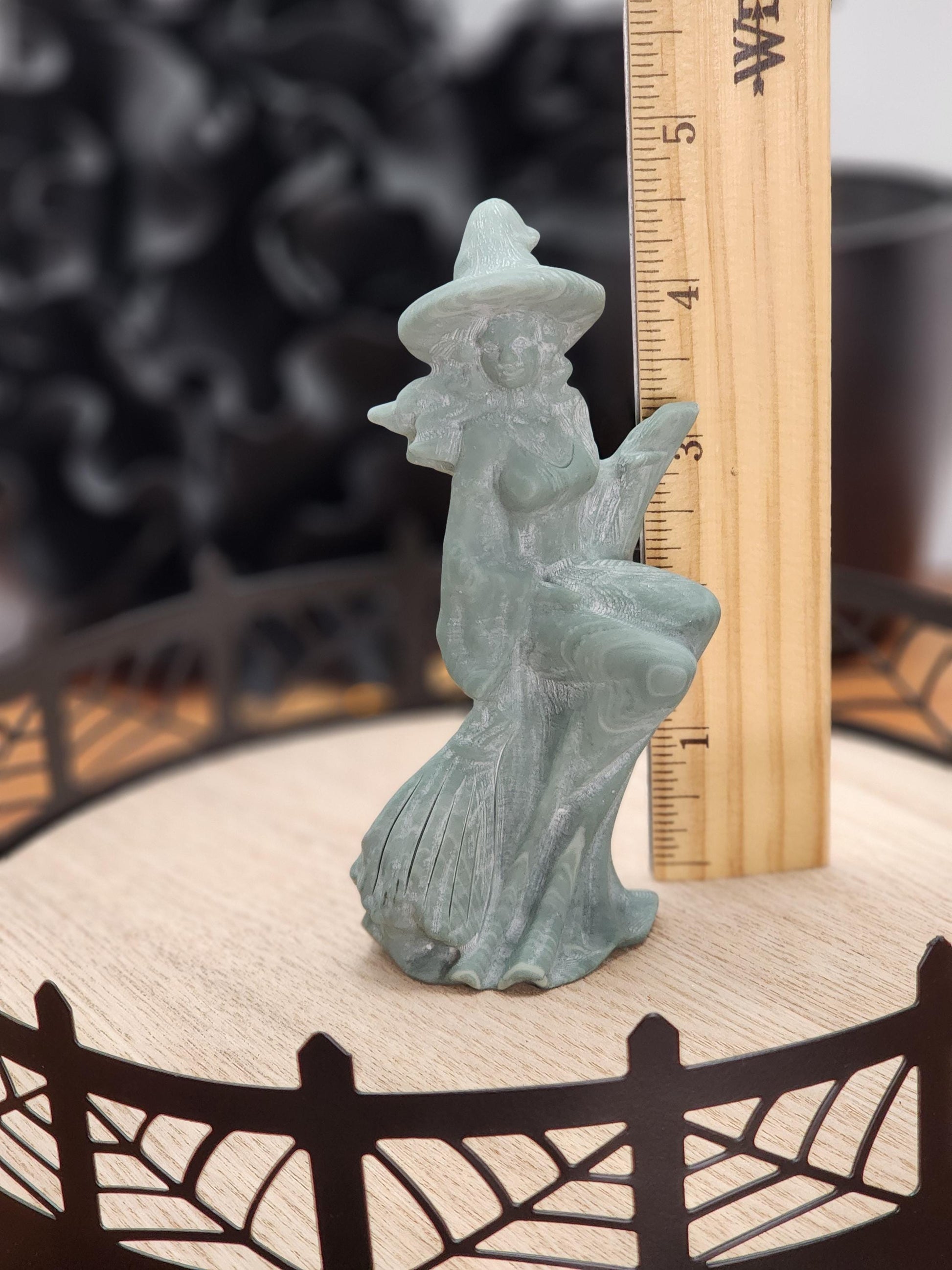 Lushan Jade Green Witch | 4.5" Detailed Crystal Carving of earthy woman sitting on her broom complete with pointy hat! | Gifts for Witches!
