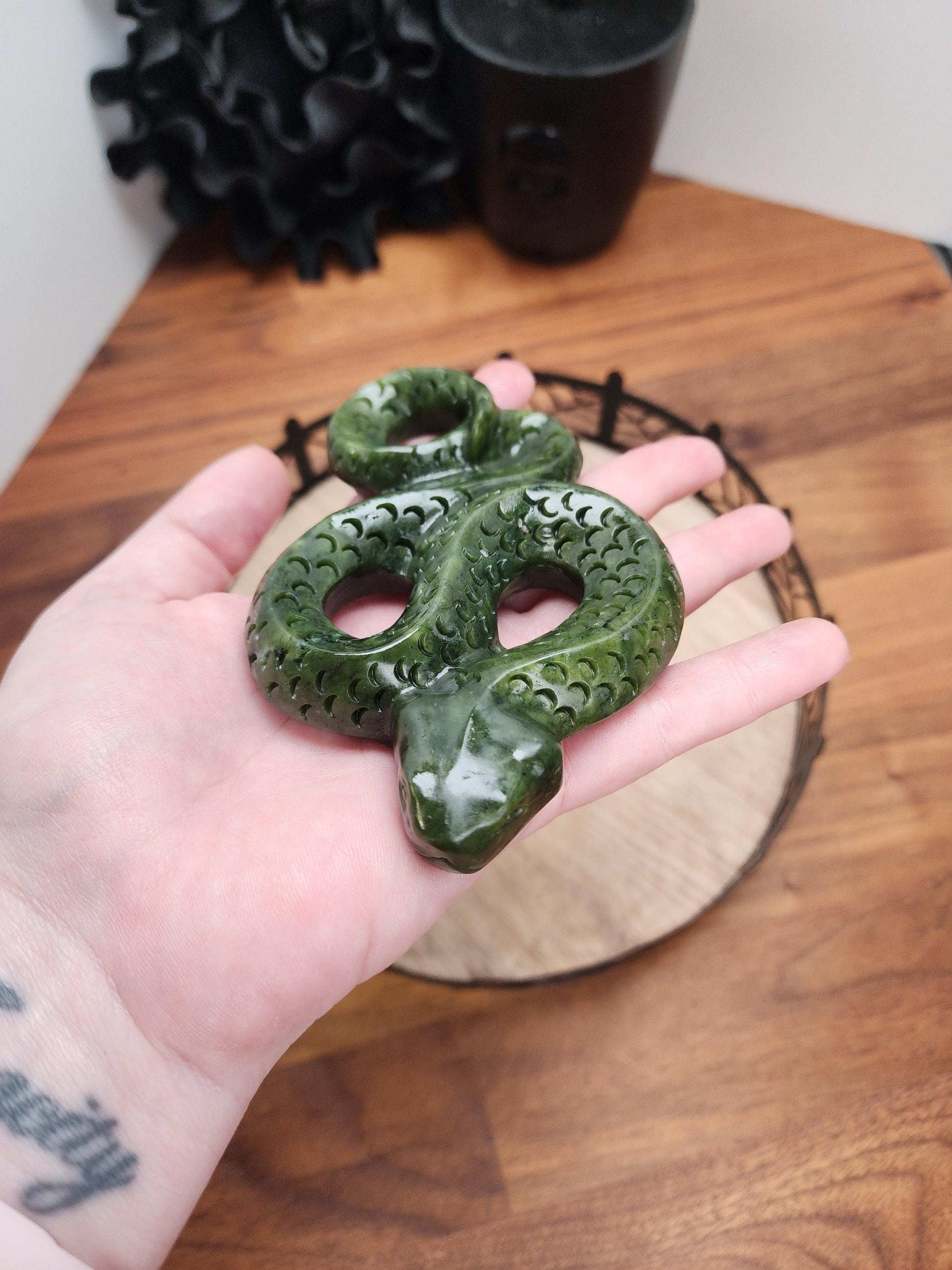 Green Jade Snake | Crystal Serpent Figurine | Halloween Crystals | Slytherin Goth Decor for Spooky Season | Lunar Year of the Snake 2025