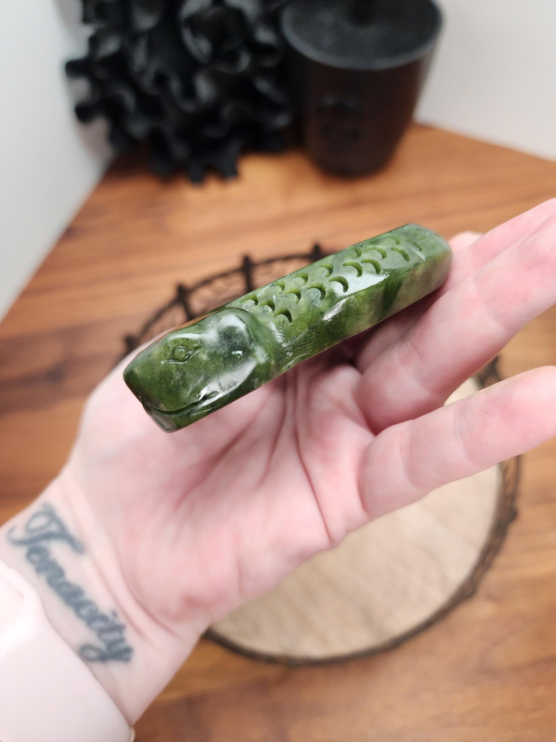 Green Jade Snake | Crystal Serpent Figurine | Halloween Crystals | Slytherin Goth Decor for Spooky Season | Lunar Year of the Snake 2025
