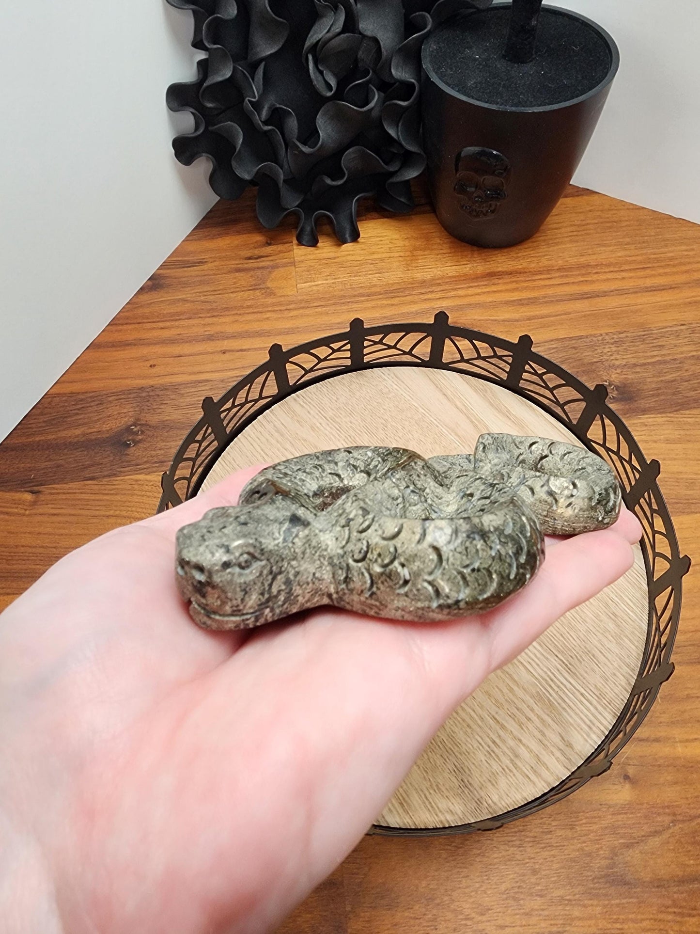 Crystal Pyrite Snake | 4.5" Serpent Carving | Fools Gold Basilisk Figurine for Spooky Season or Halloween | Python Altar Decoration