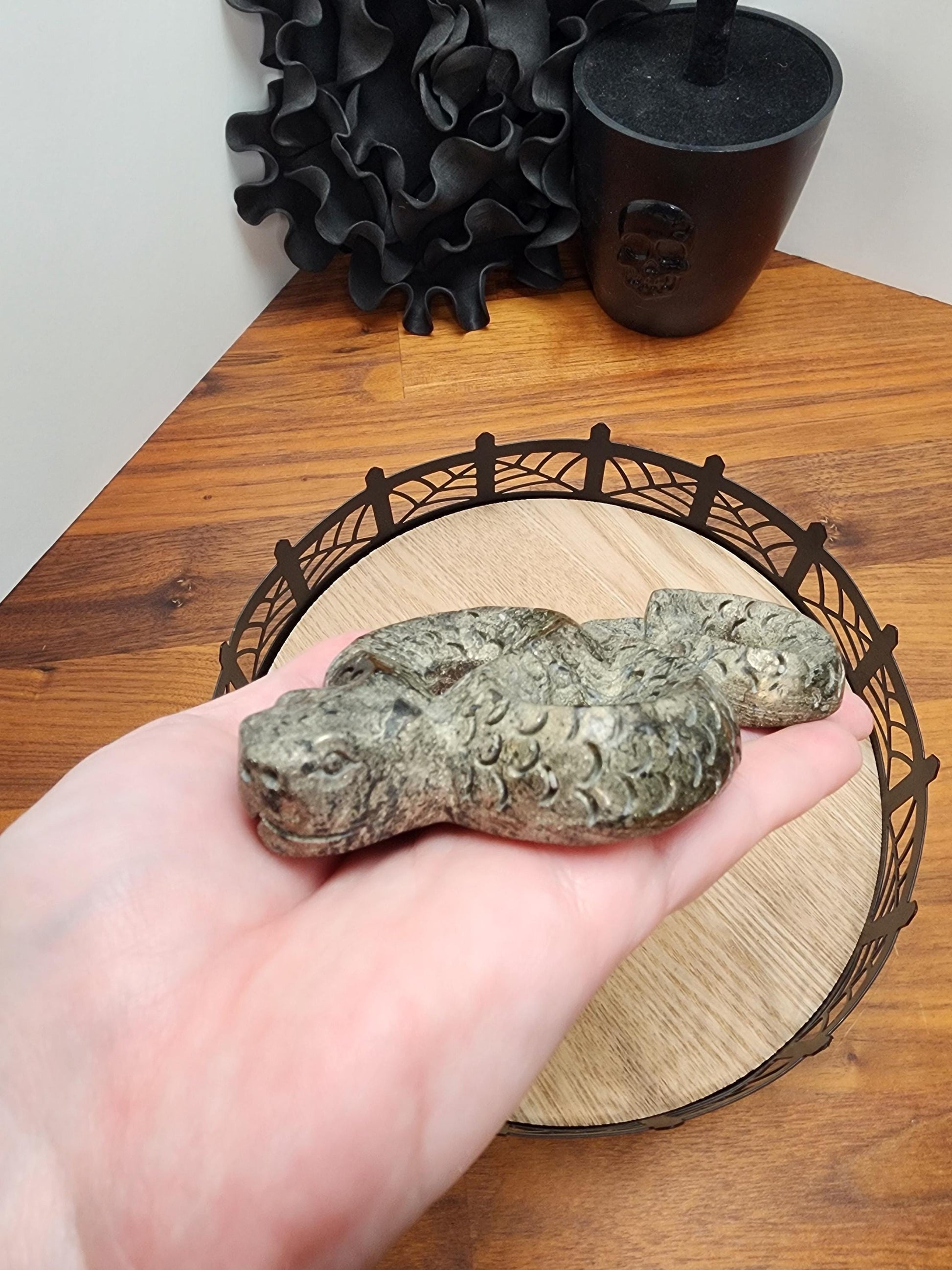 Crystal Pyrite Snake | 4.5" Serpent Carving | Fools Gold Basilisk Figurine for Spooky Season or Halloween | Python Altar Decoration