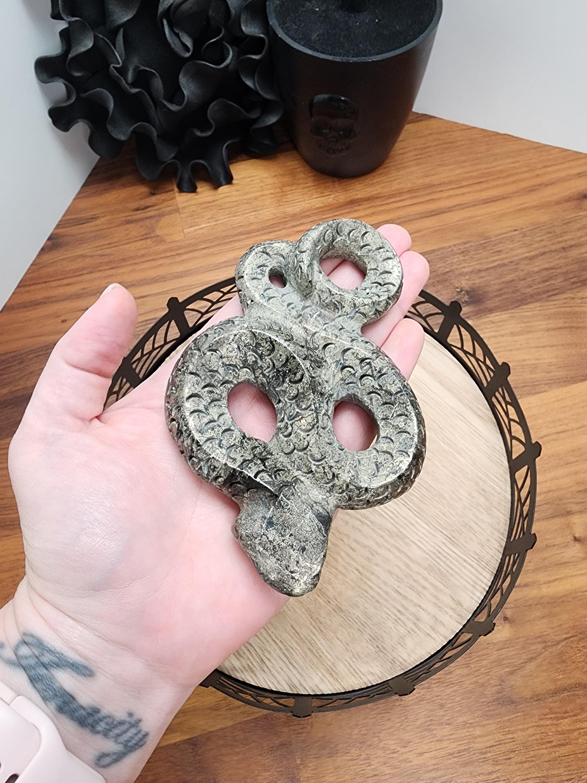 Crystal Pyrite Snake | 4.5" Serpent Carving | Fools Gold Basilisk Figurine for Spooky Season or Halloween | Altar Decorations | Only 1