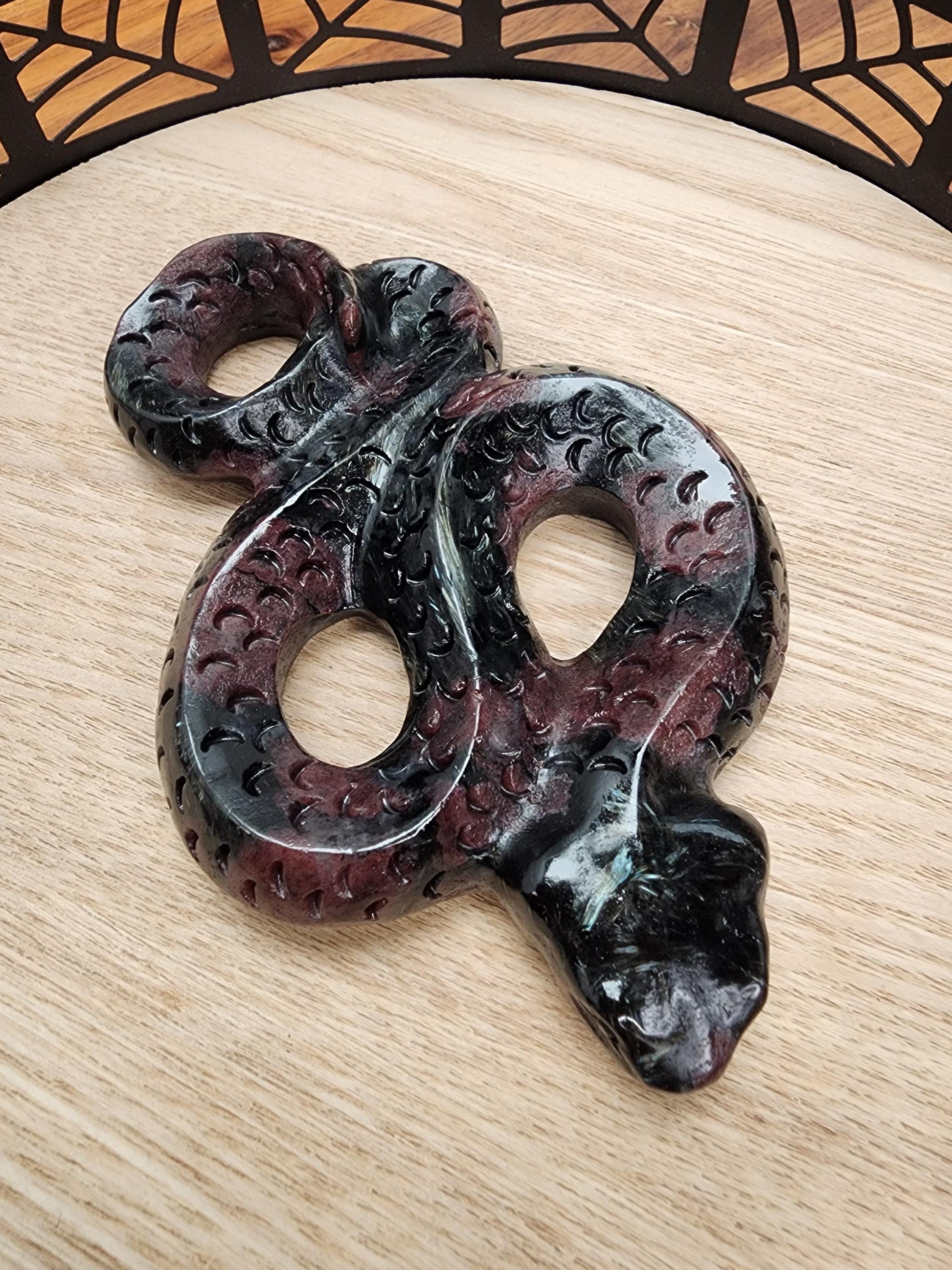 Fireworks Garnet Snake | 4.5" Crystal Serpent | Ruby Red embedded in Black Astrophyllite with blue flash for Spooky Season | Lunar New Year