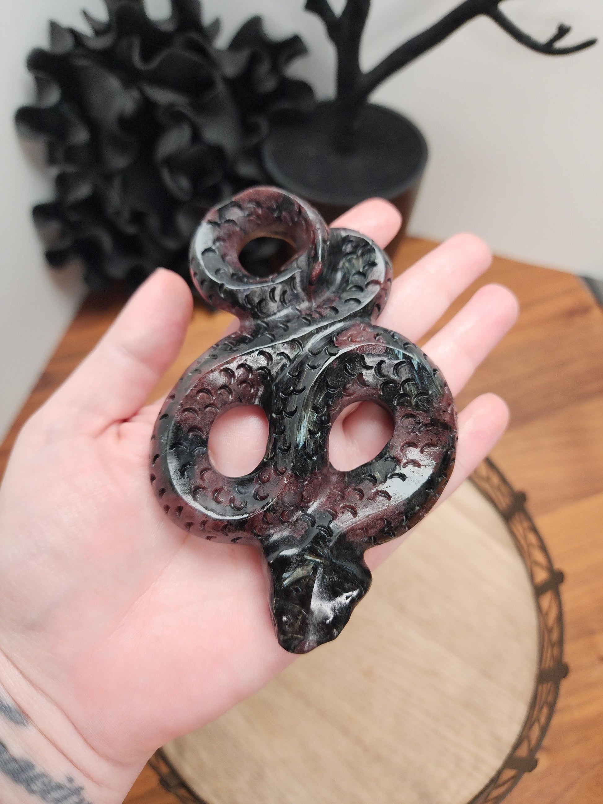 Fireworks Garnet Snake | 4.5" Crystal Serpent | Ruby Red embedded in Black Astrophyllite with blue flash for Spooky Season | Lunar New Year